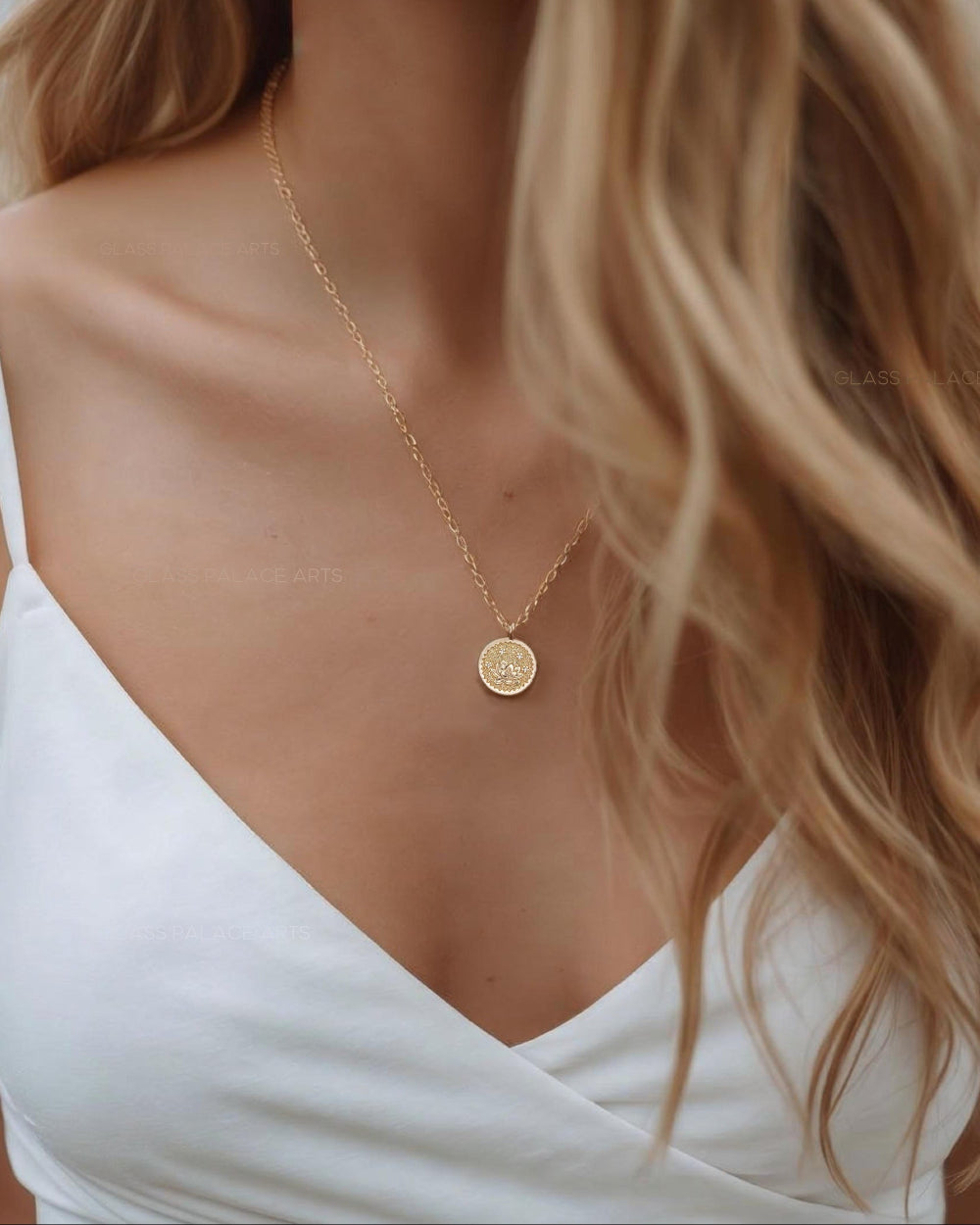 woman wearing Gold Flower Medallion Necklace with coin pendant Layering Nt