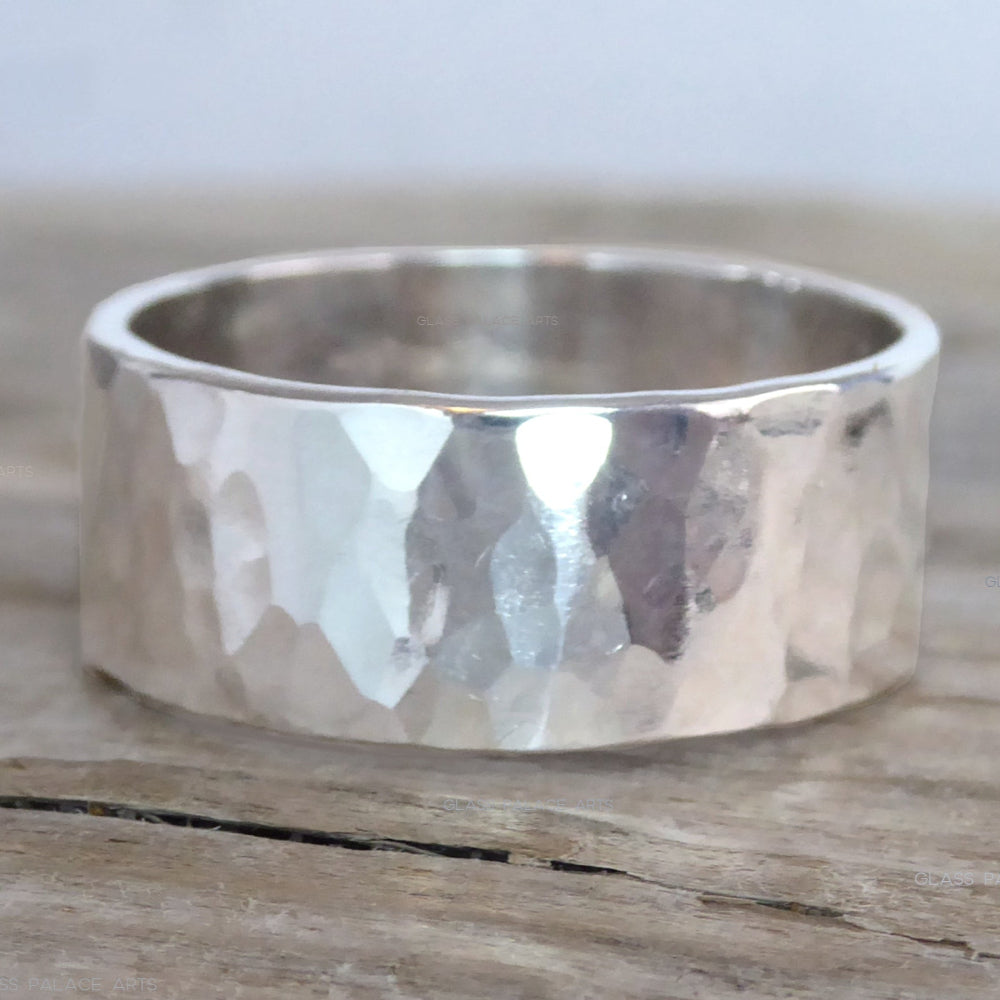 Thick Sterling Silver Rustic Hammered Wedding Band, 8mm Wedding 