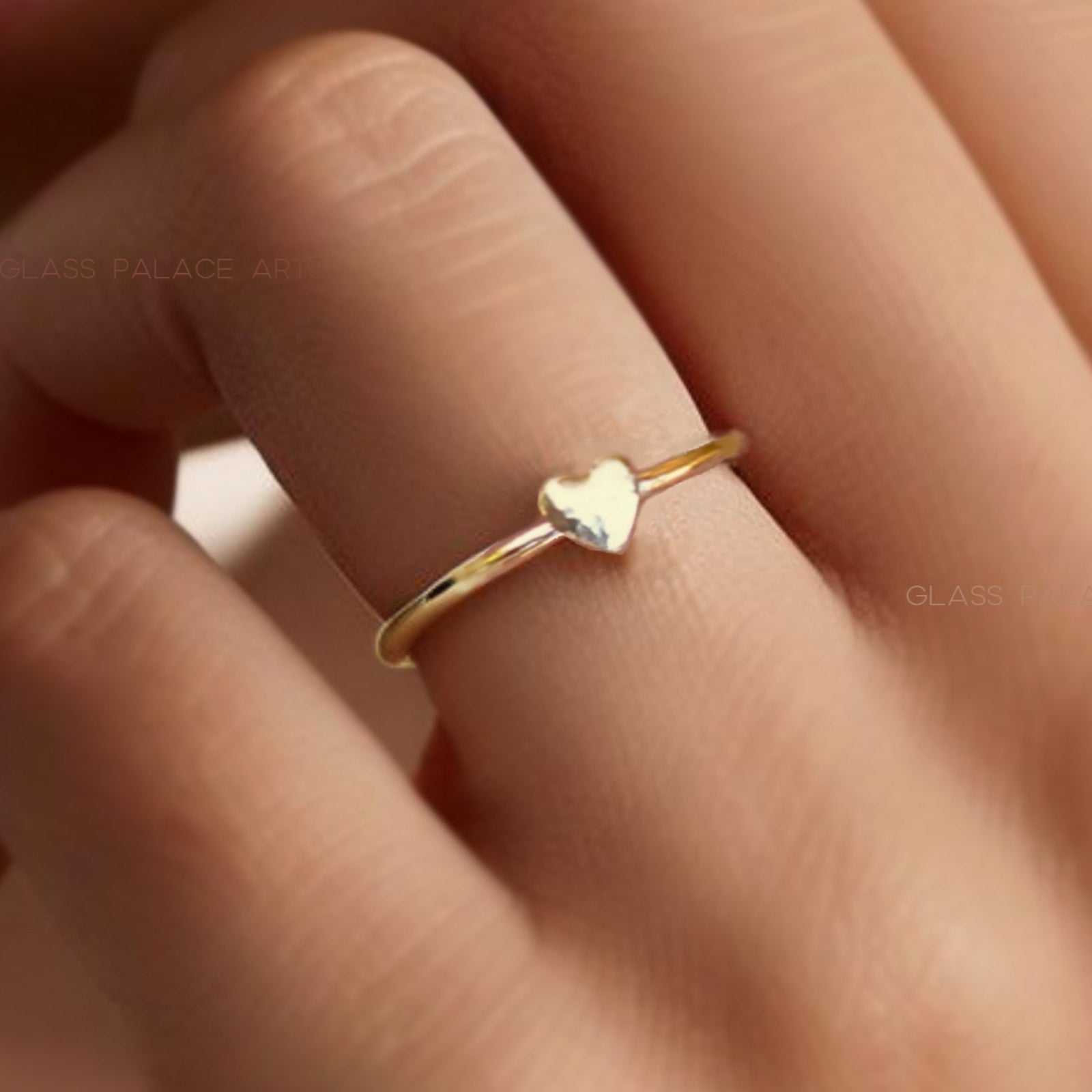 Tiny Heart Ring For Women Gold - Dainty Minimalist Hammered Stacking Ring
