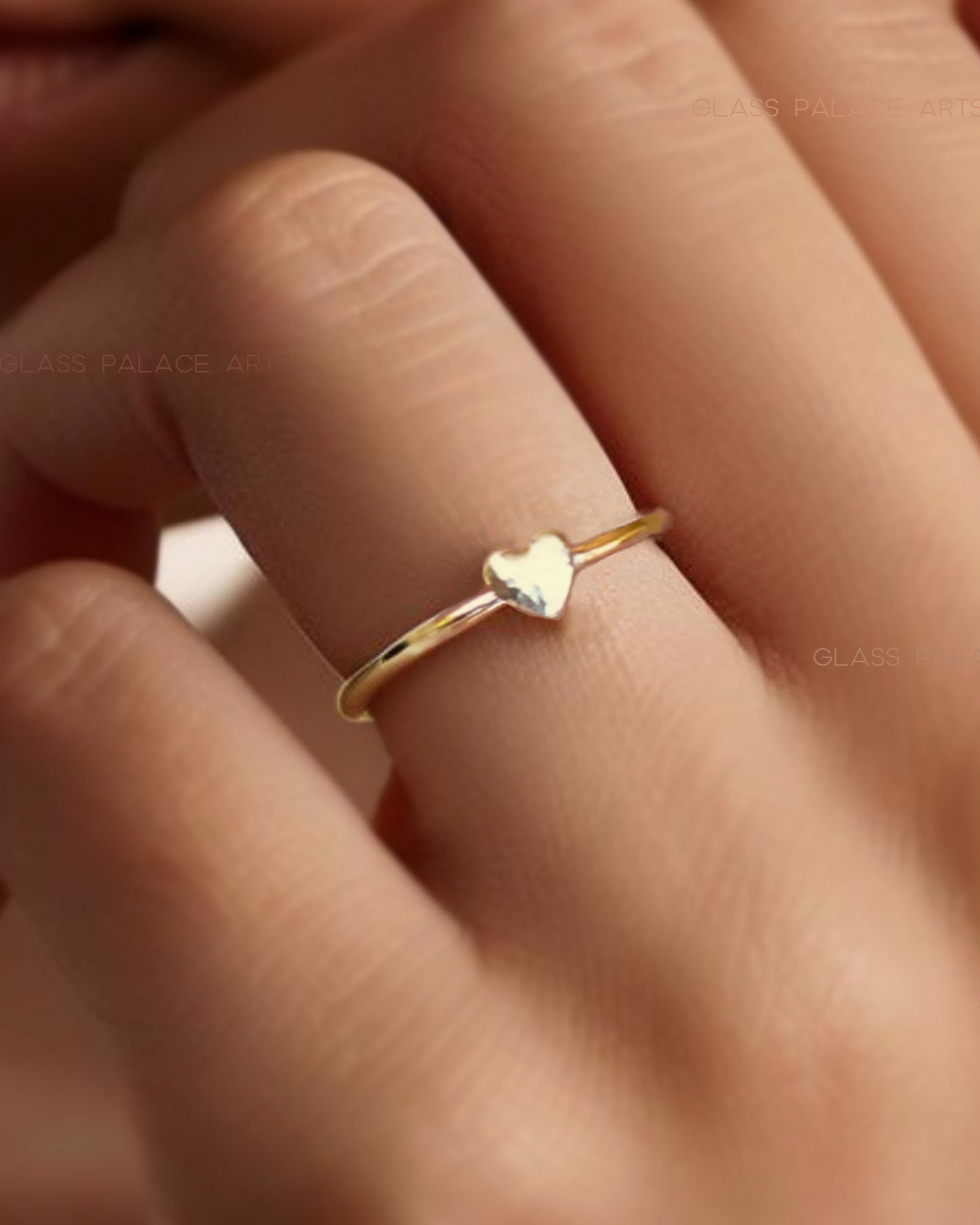 Tiny Heart Ring For Women Gold - Dainty Minimalist Hammered Stacking Ring