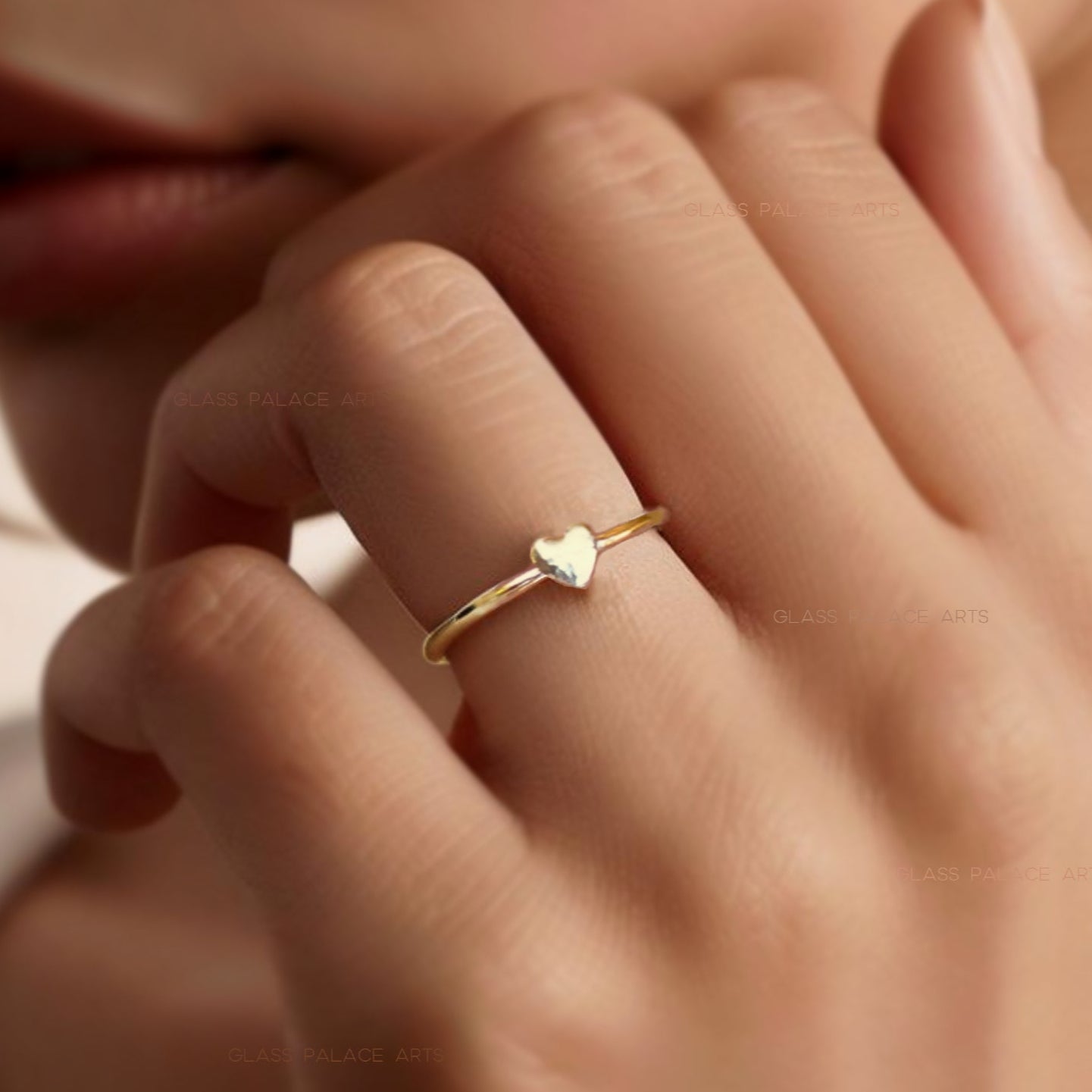 Tiny Heart Ring For Women Gold - Dainty Minimalist Hammered Stacking Ring