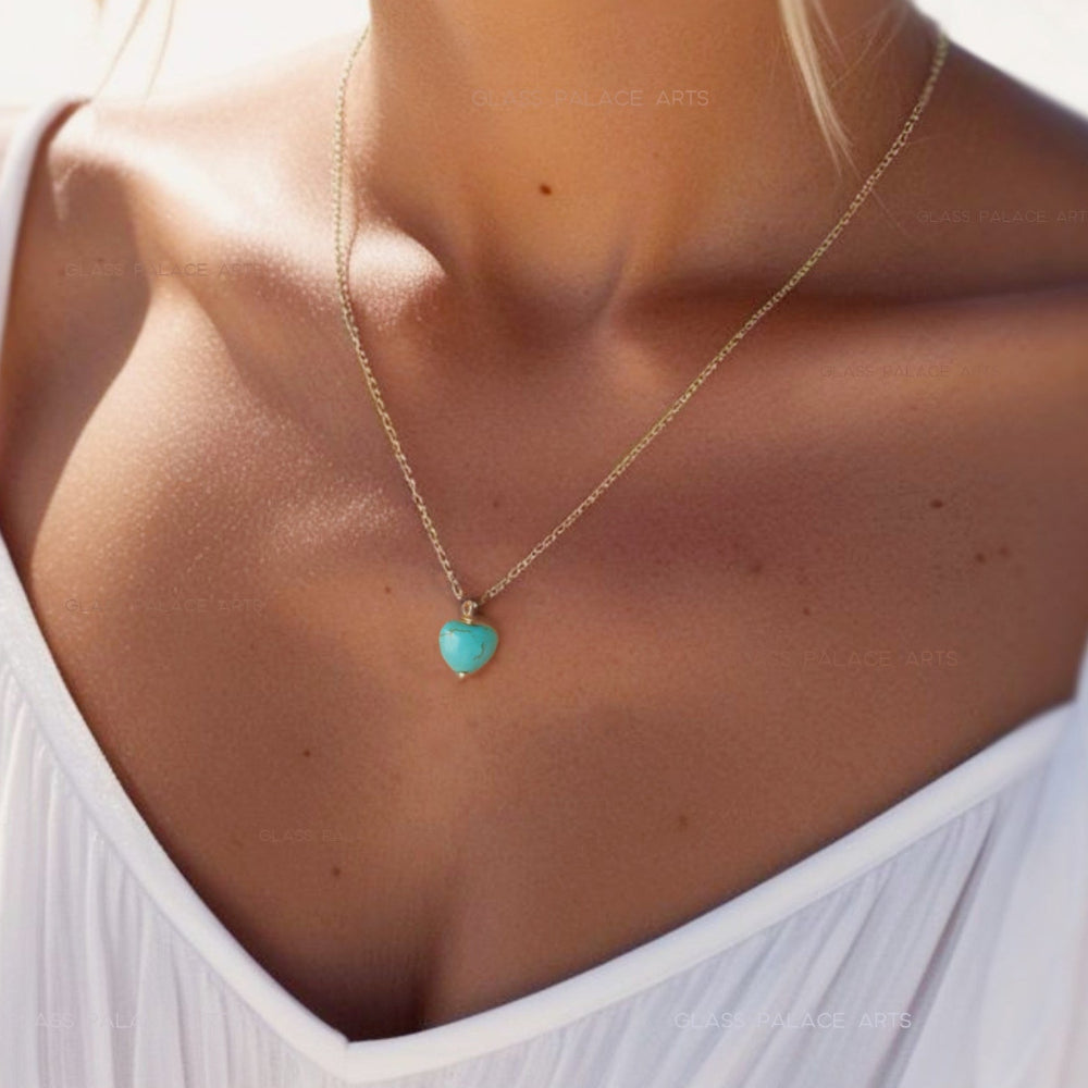 Tiny Turquoise Heart Necklace For Women - Sterling Silver, 14k Gold Fill