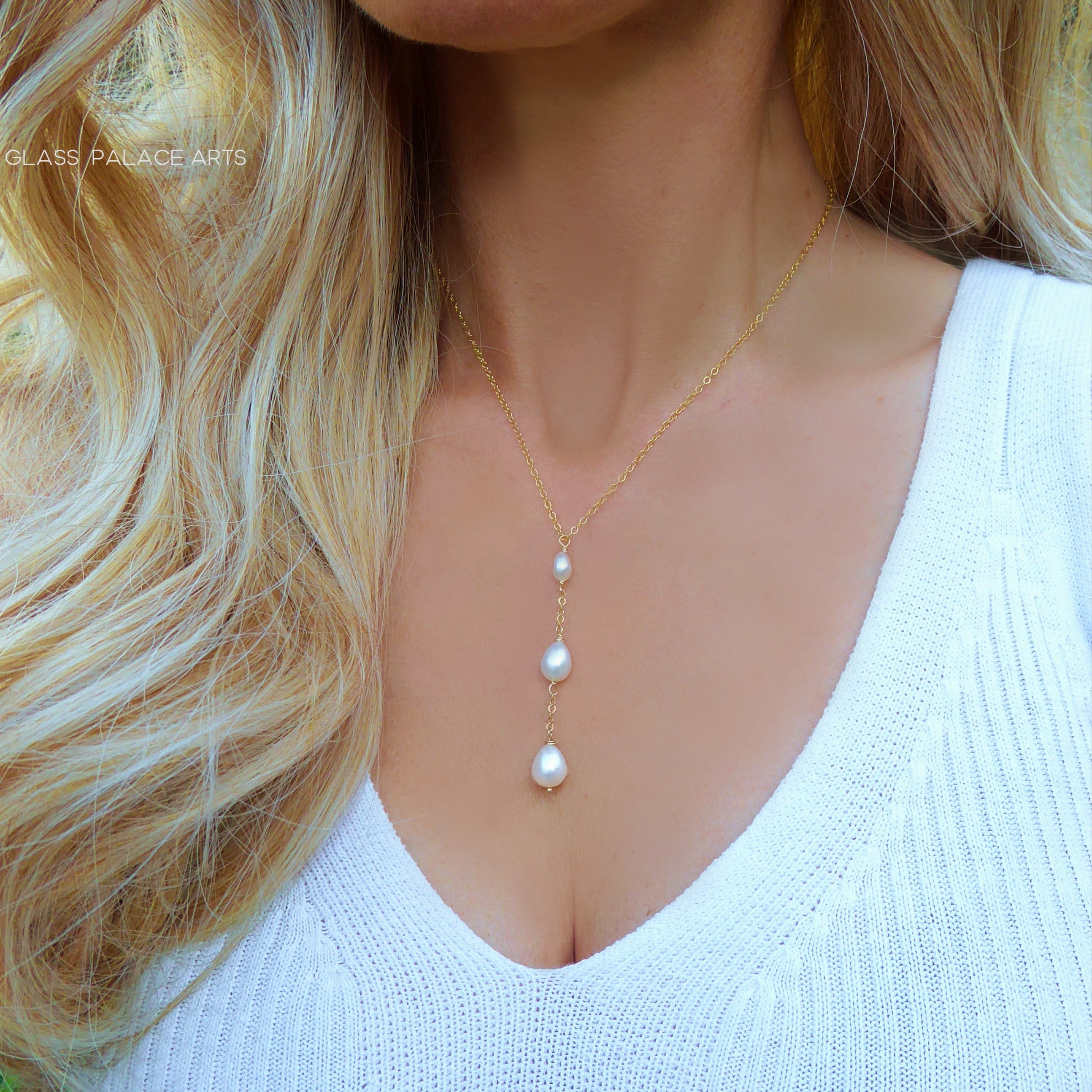 Freshwater Pearl Teardrop Necklace, Three Dainty Pearl Lariat Necklace For Women