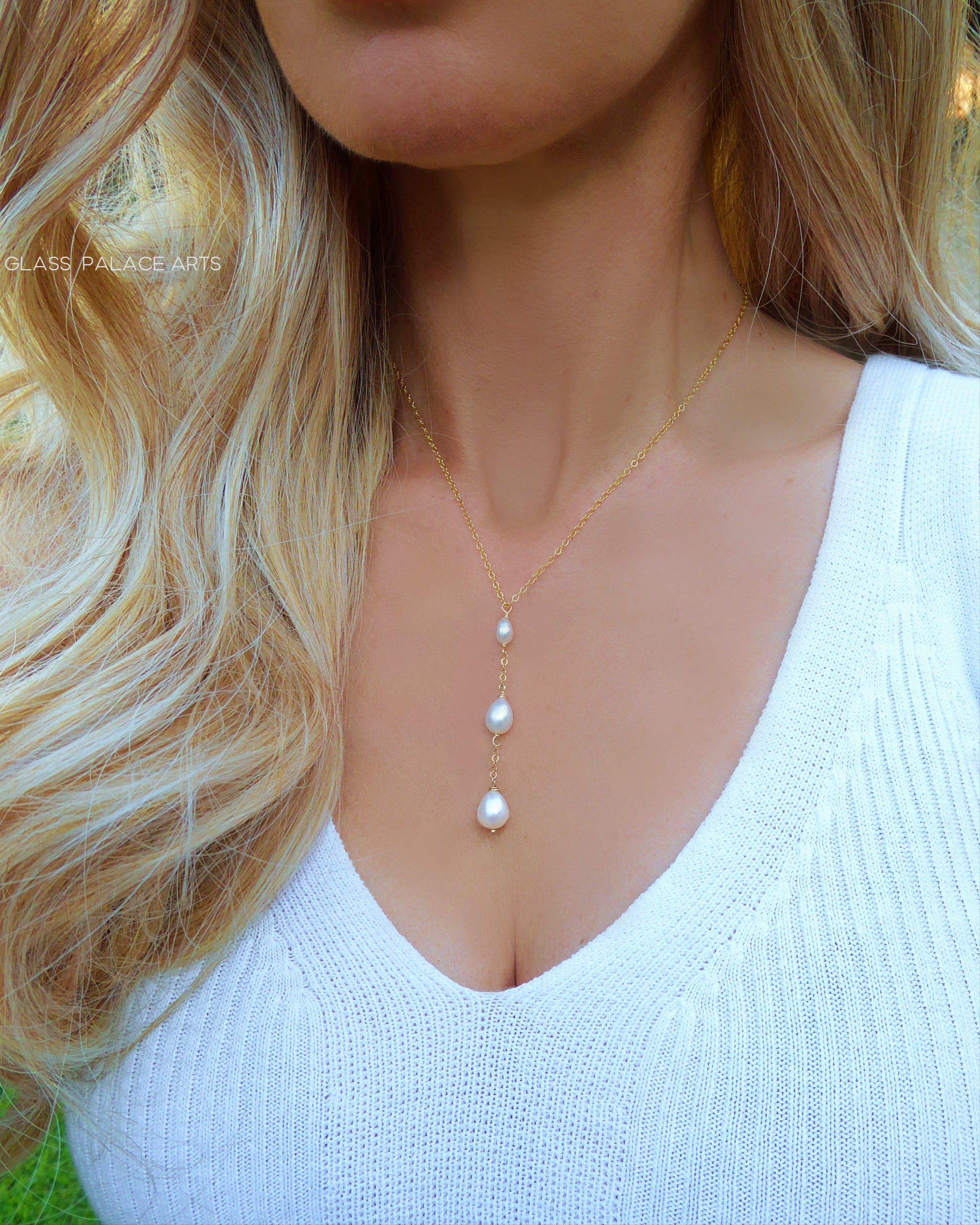 Freshwater Pearl Teardrop Necklace, Three Dainty Pearl Lariat Necklace For Women