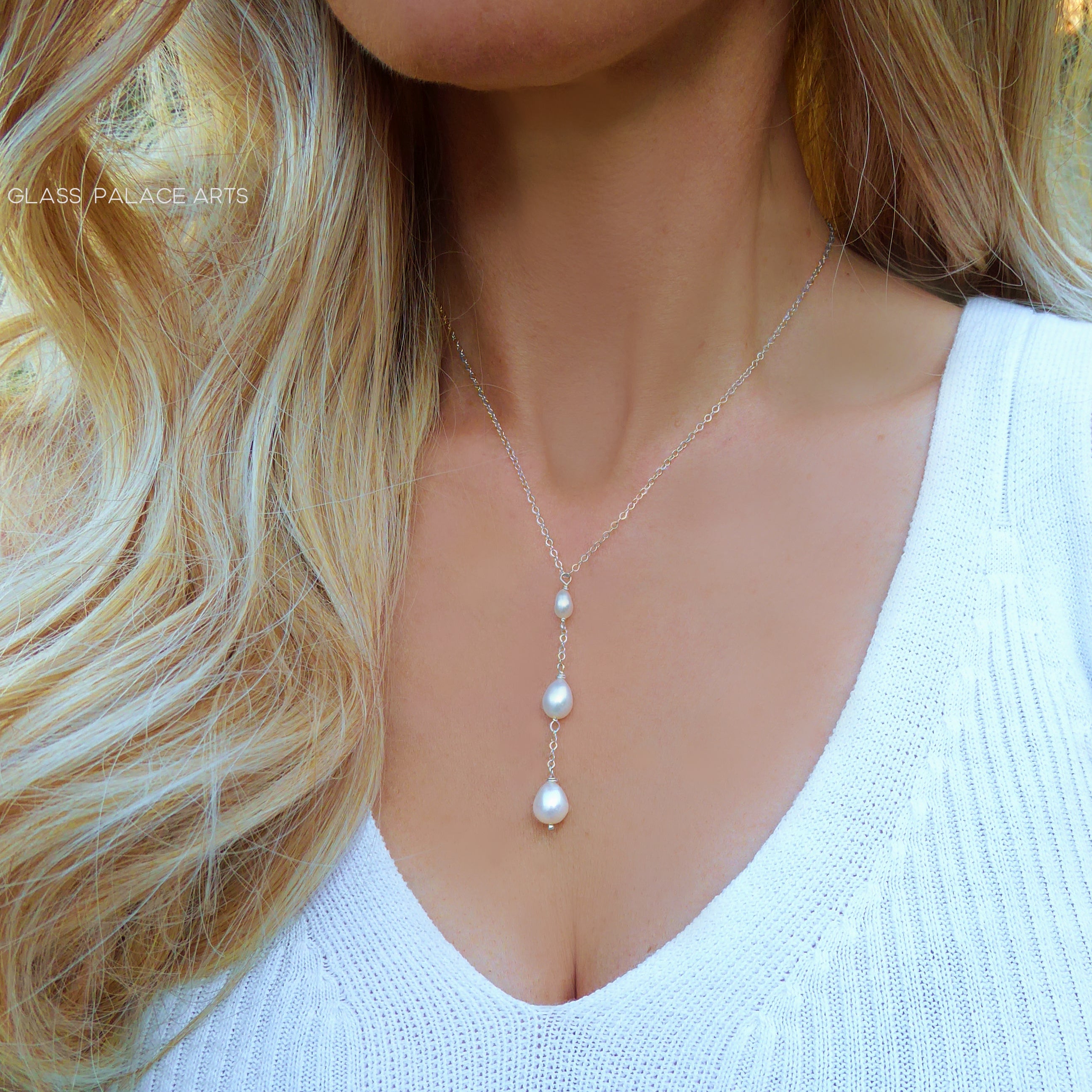 Freshwater Pearl Teardrop Necklace, Three Dainty Pearl Lariat Necklace For Women
