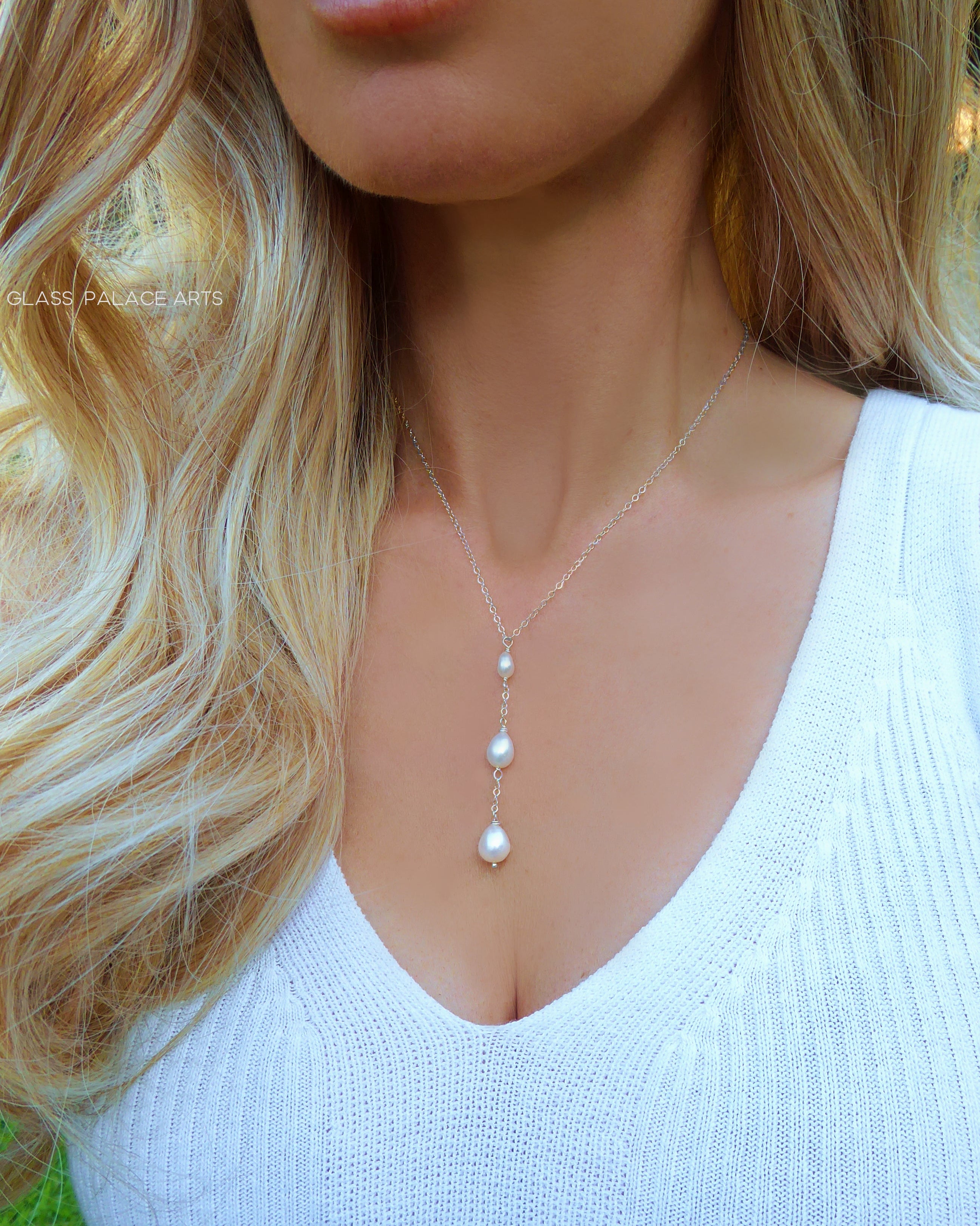 Freshwater Pearl Teardrop Necklace, Three Dainty Pearl Lariat Necklace For Women