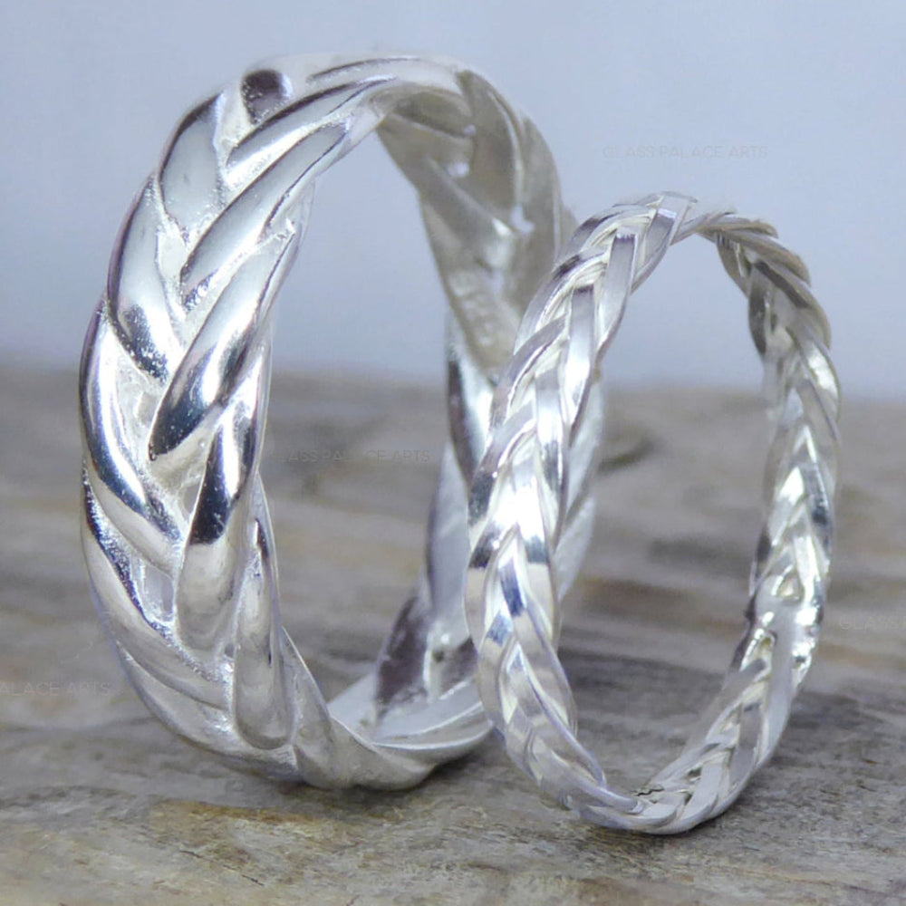 Braided Wedding Ring Set For Couples Sterling Silver, Weaved Wreath Matching His and Hers Bands 6mm & 2.5mm