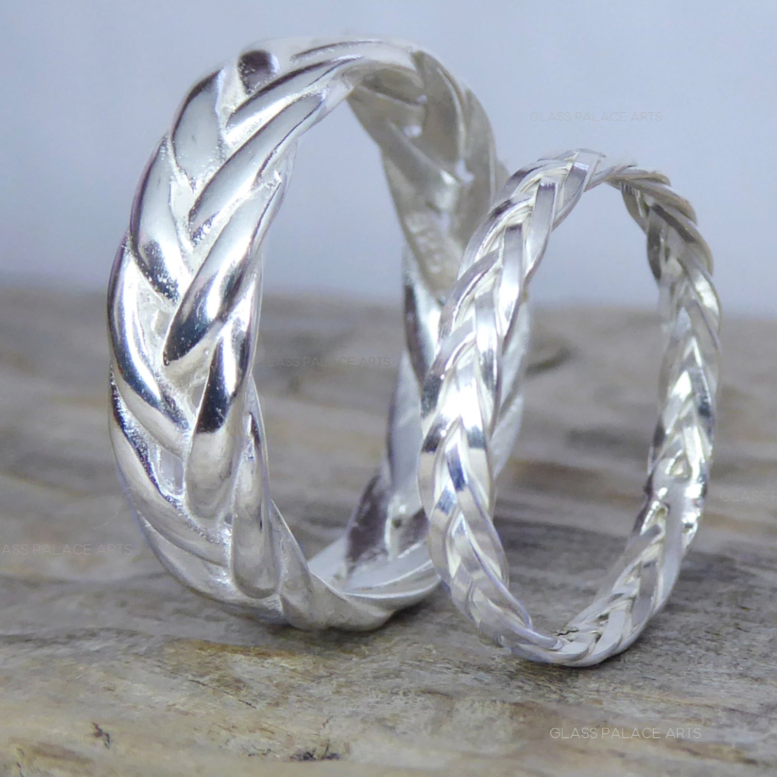 Braided Wedding Ring Set For Couples Sterling Silver, Weaved Wreath Matching His and Hers Bands 6mm & 2.5mm
