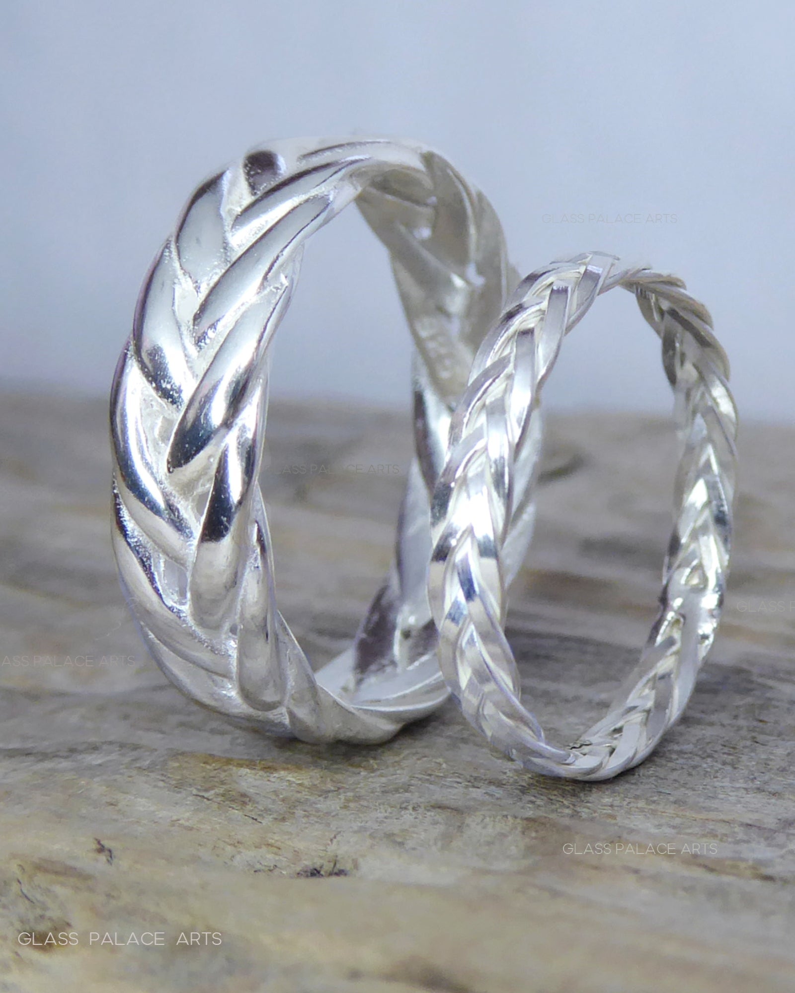 Braided Wedding Ring Set For Couples Sterling Silver, Weaved Wreath Matching His and Hers Bands 6mm & 2.5mm