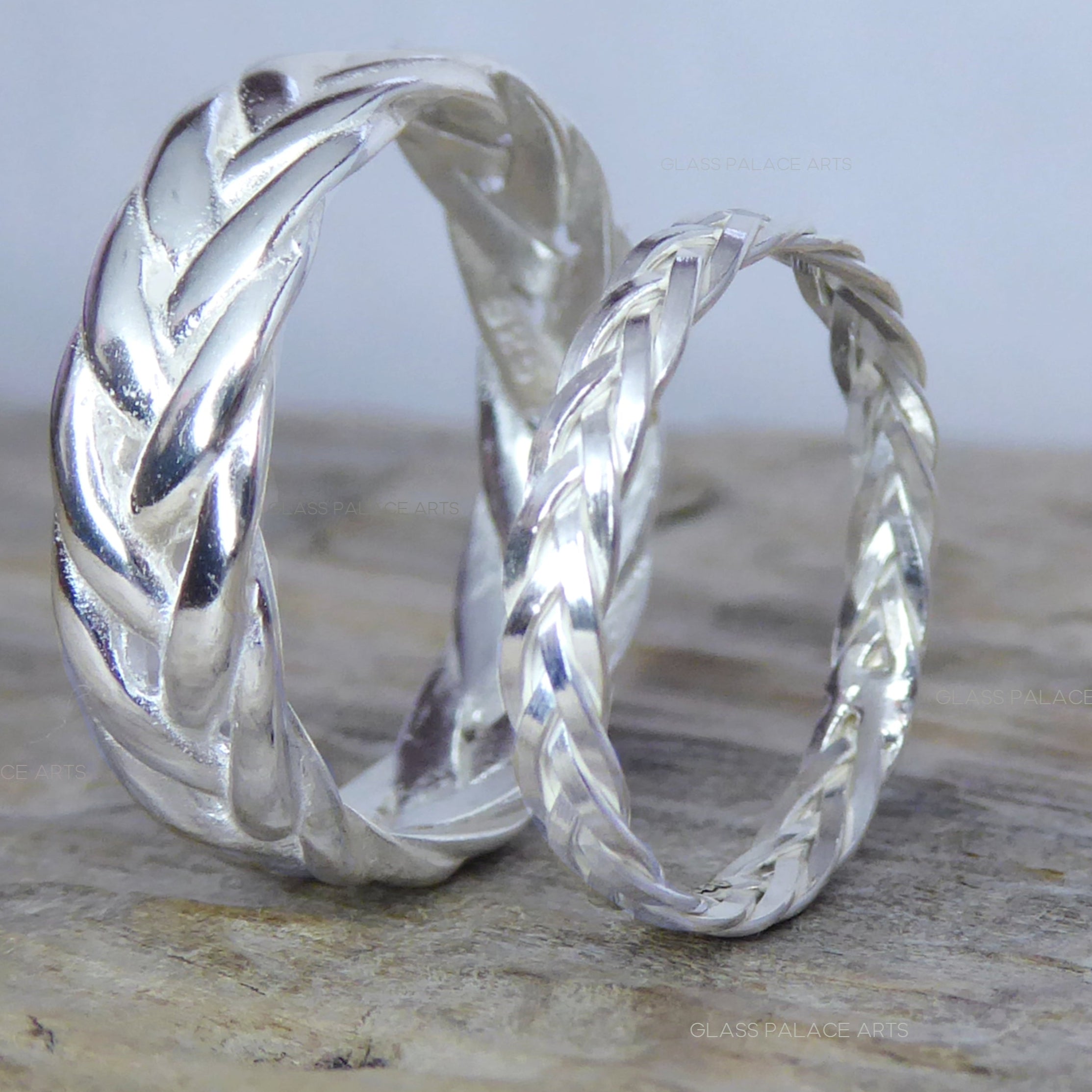 Braided Wedding Ring Set For Couples Sterling Silver, Weaved Wreath Matching His and Hers Bands 6mm & 2.5mm