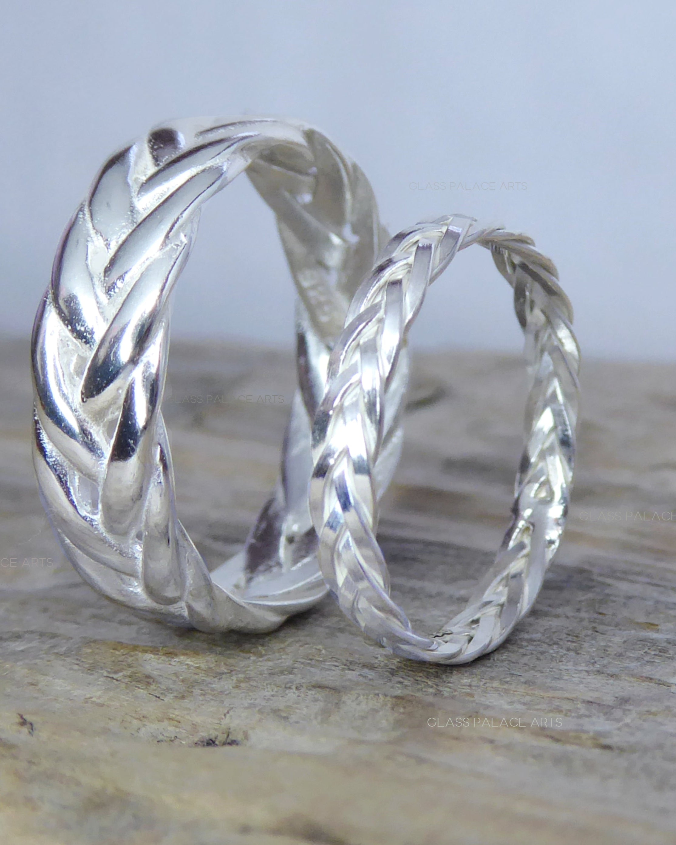 Braided Wedding Ring Set For Couples Sterling Silver, Weaved Wreath Matching His and Hers Bands 6mm & 2.5mm