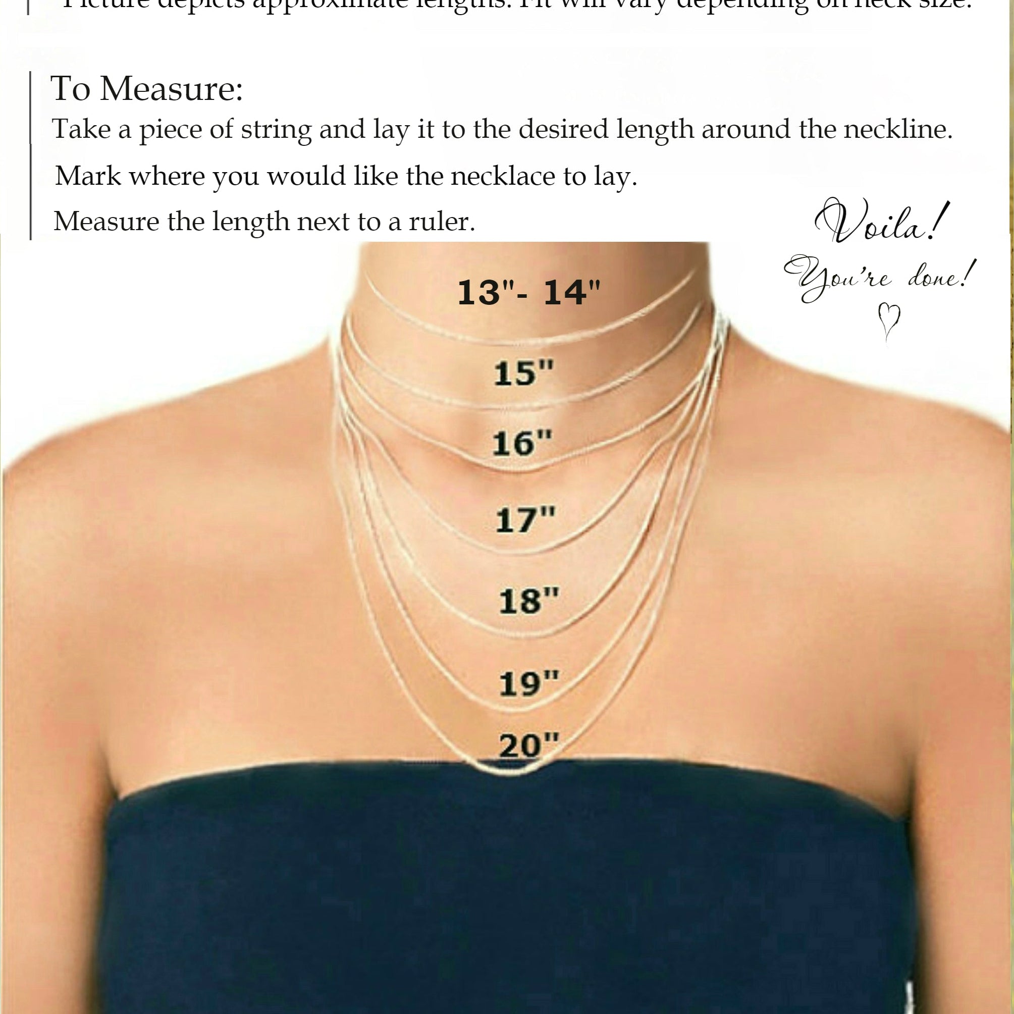 Measurement chart for necklaces on a person's neck with labeled lengths.