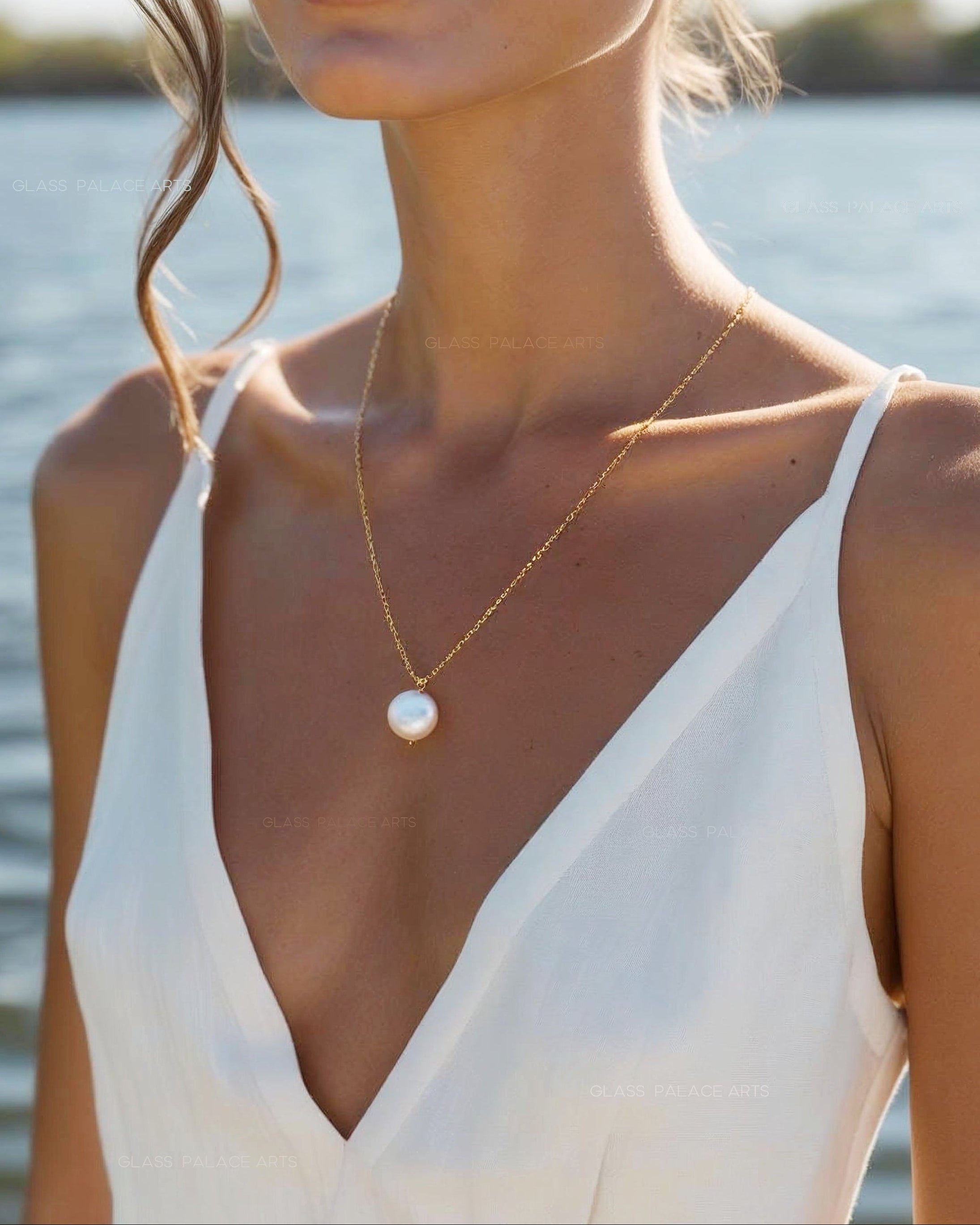 Freshwater Coin Pearl Necklace, 14k Gold Genuine Pearl Necklace For Women, Simple Minimalist Bridal