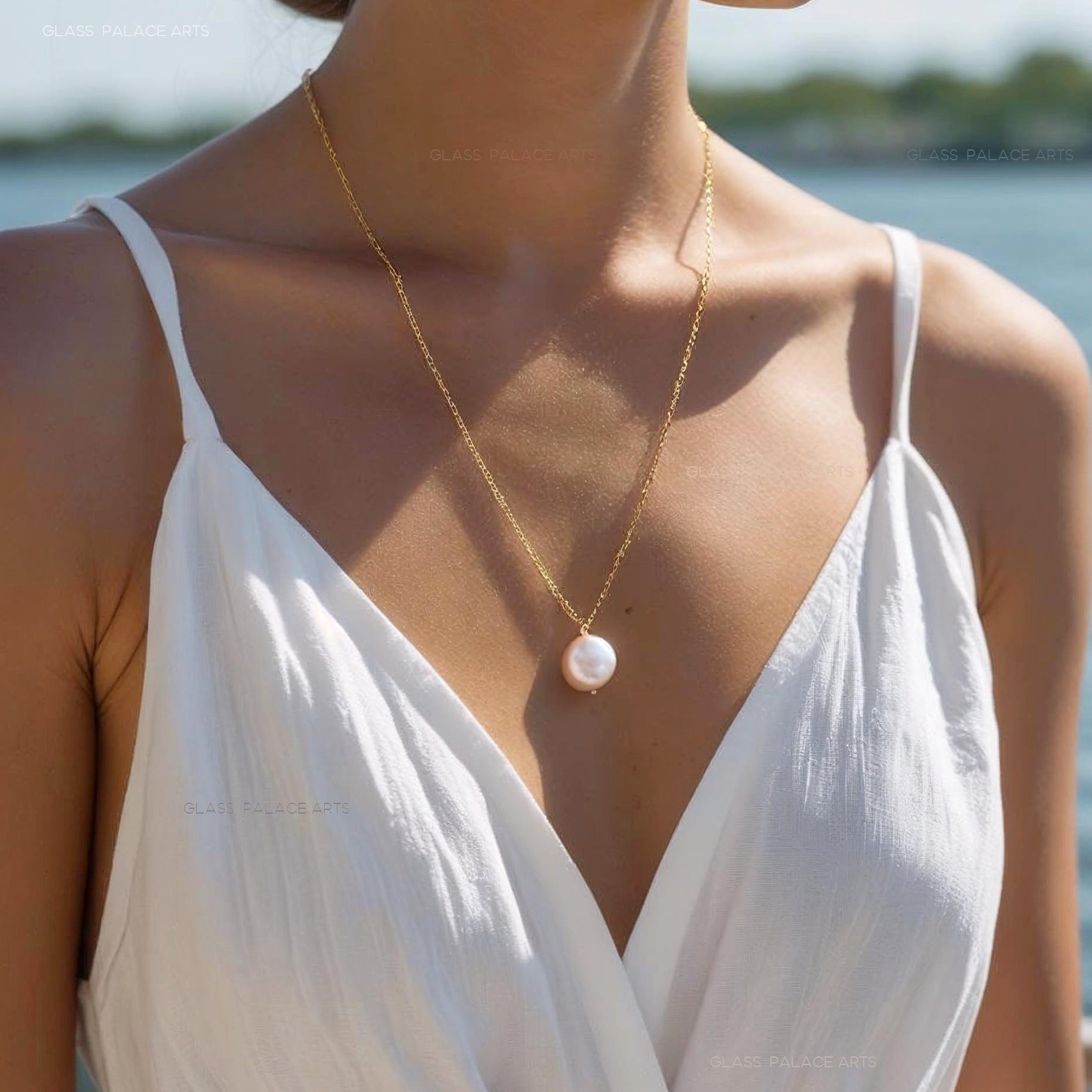 Freshwater Coin Pearl Necklace, 14k Gold Genuine Pearl Necklace For Women, Simple Minimalist Bridal