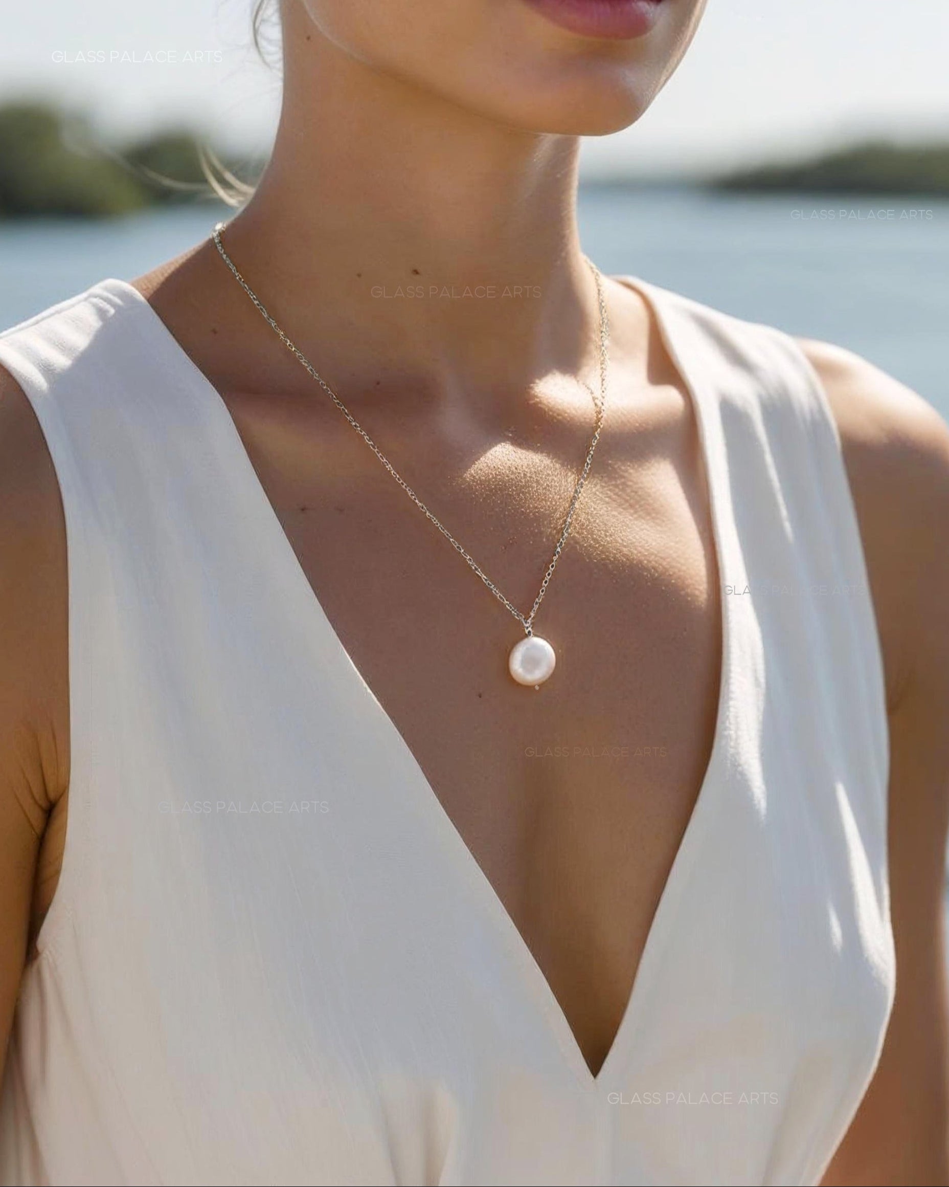 Freshwater Coin Pearl Necklace, 14k Gold Genuine Pearl Necklace For Women, Simple Minimalist Bridal