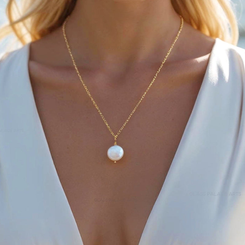 Freshwater Coin Pearl Necklace, 14k Gold Genuine Pearl Necklace For Women, Simple Minimalist Bridal