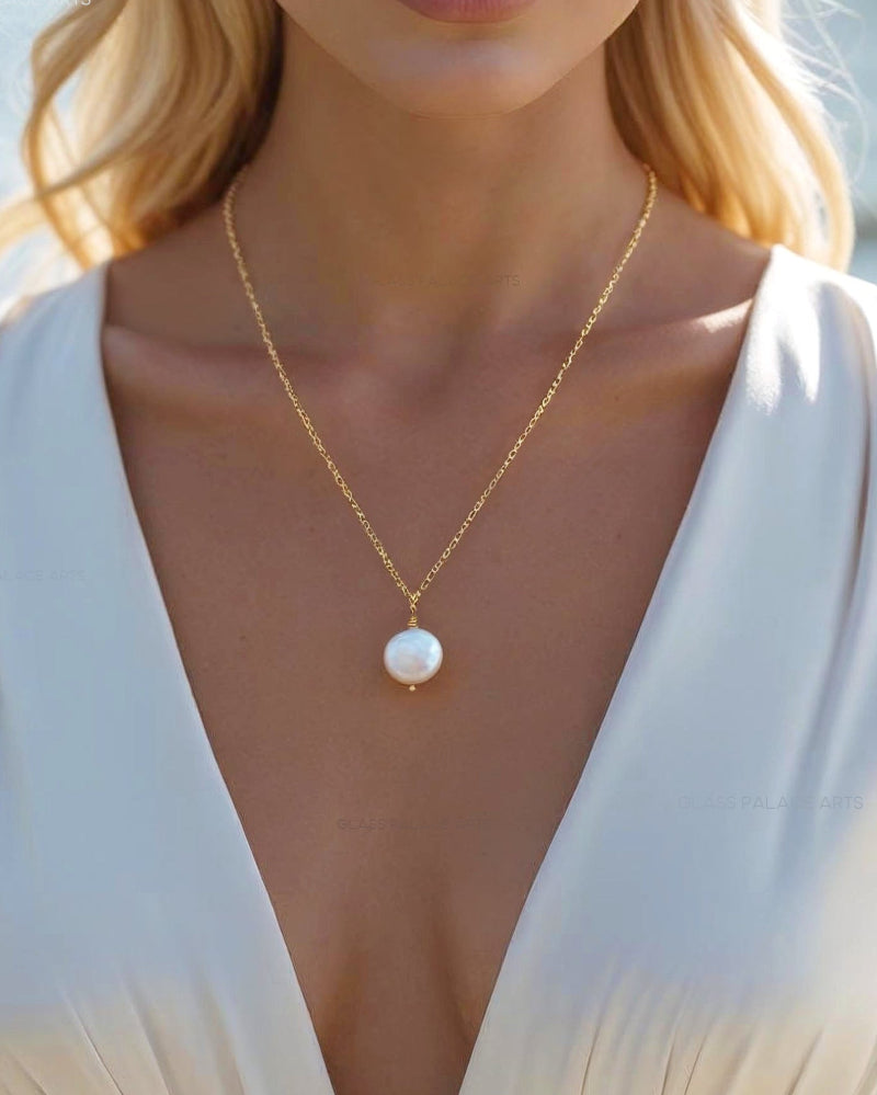 Freshwater Coin Pearl Necklace, 14k Gold Genuine Pearl Necklace For Women, Simple Minimalist Bridal