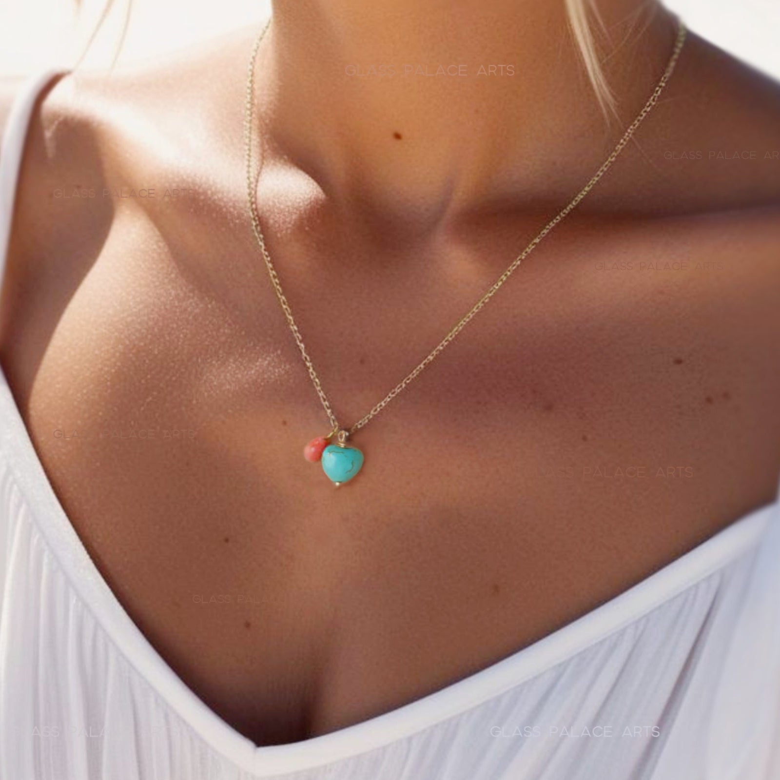 Turquoise Heart And Coral Teardrop Charm Necklace