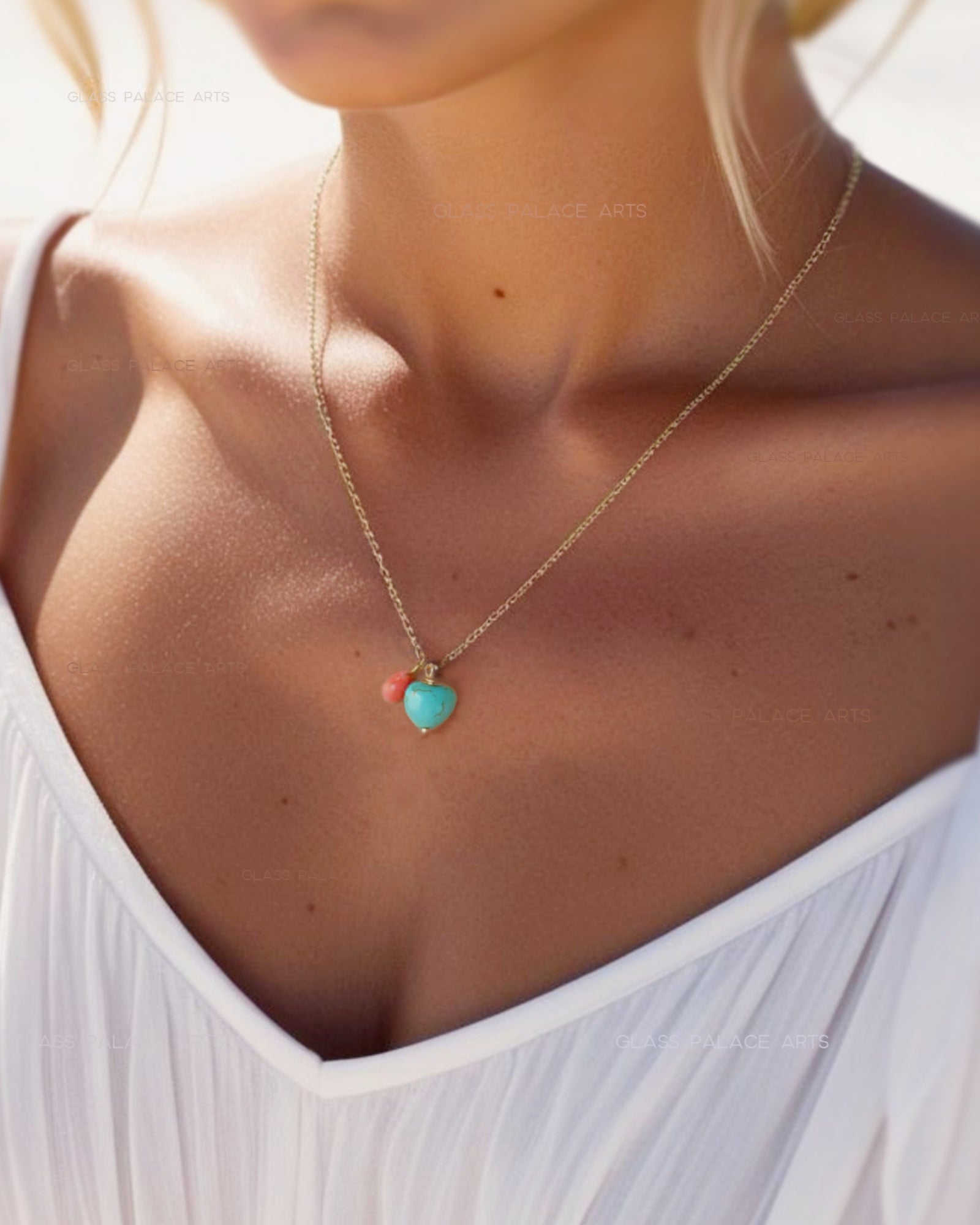Turquoise Heart And Coral Teardrop Charm Necklace