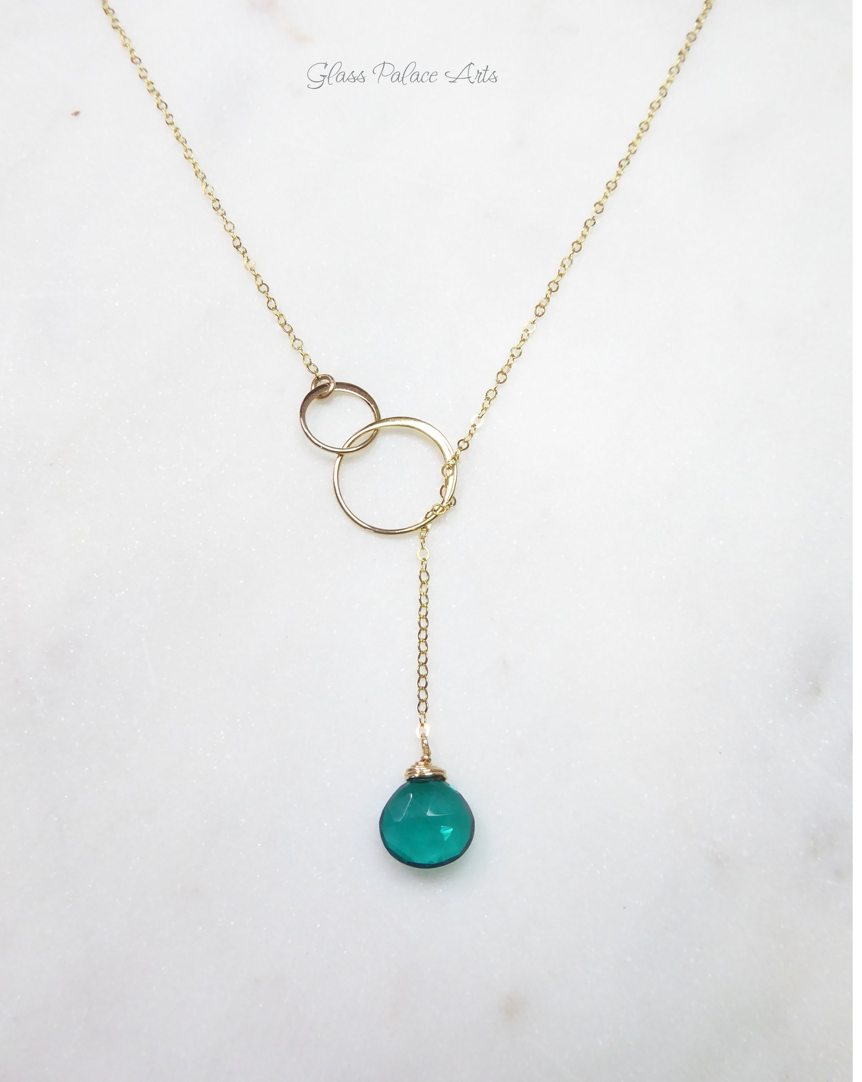 Emerald Teal Quartz Lariat Necklace For Women - In Gold or Sterling Silver