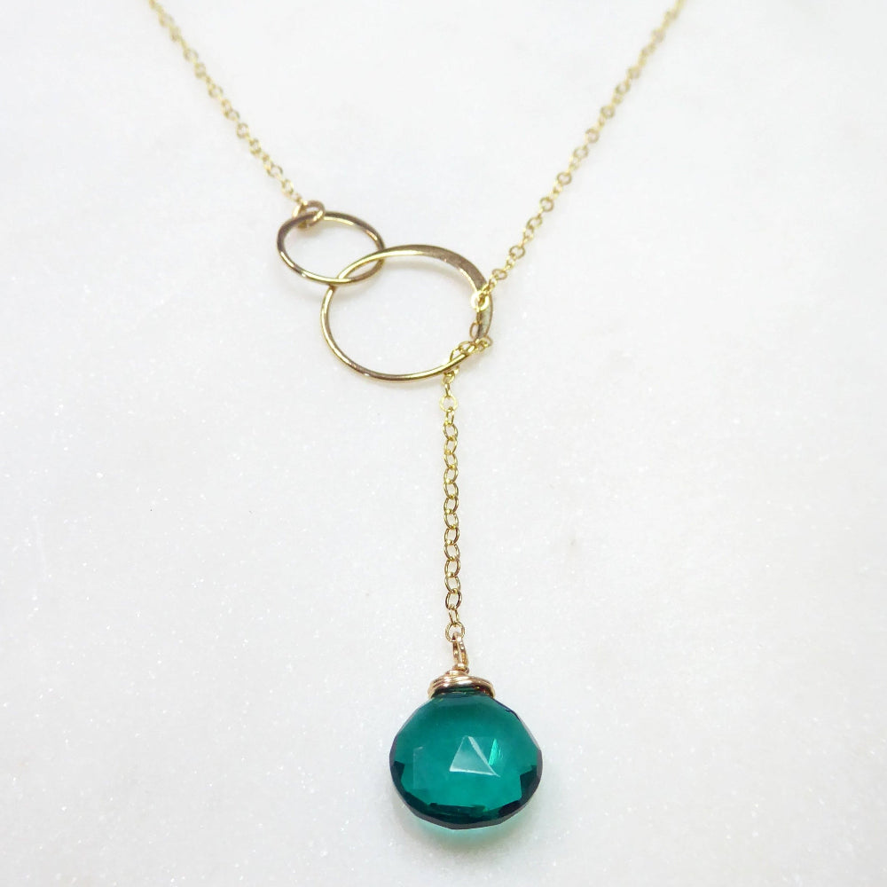 Emerald Teal Quartz Lariat Necklace For Women - In Gold or Sterling Silver