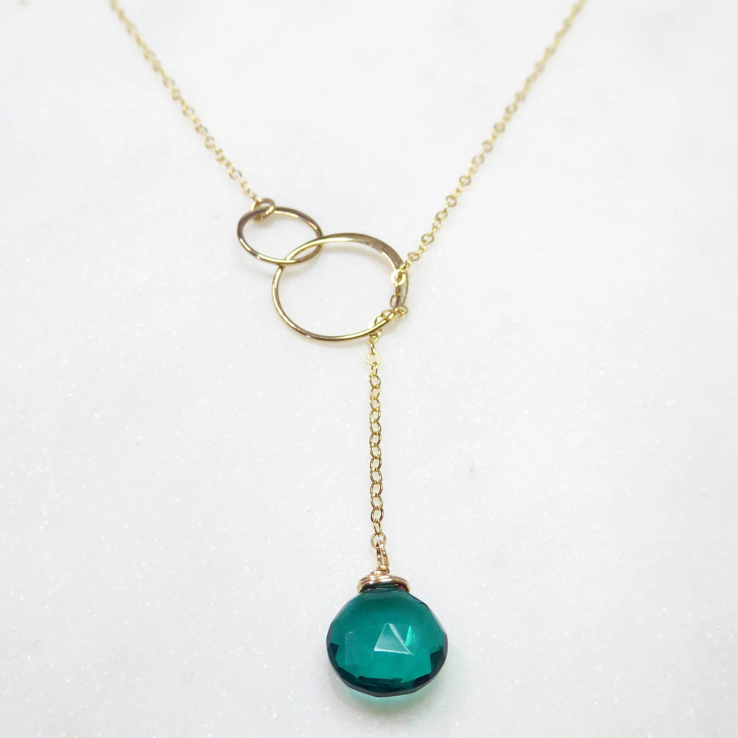 Emerald Teal Quartz Lariat Necklace For Women - In Gold or Sterling Silver