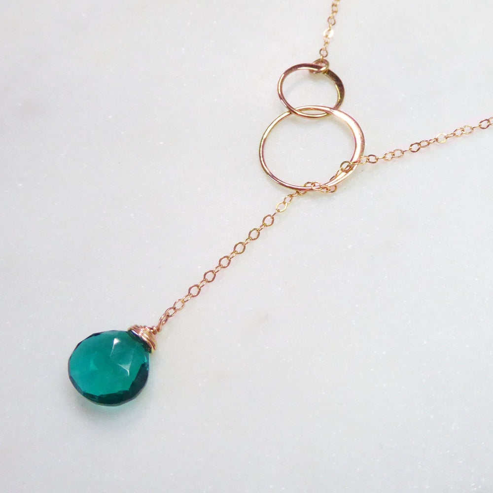Emerald Teal Quartz Lariat Necklace For Women - In Gold or Sterling Silver