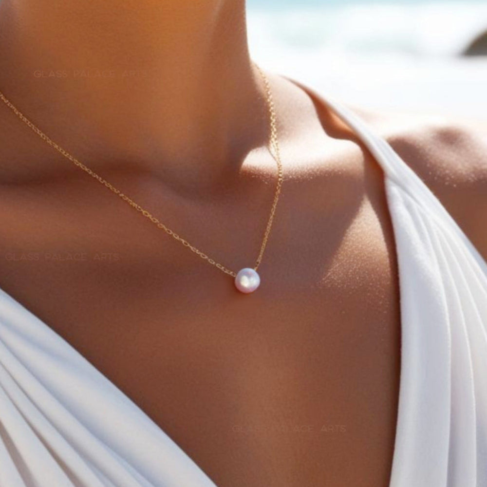 floating round freshwater pearl pendant necklace for women on gold chain
