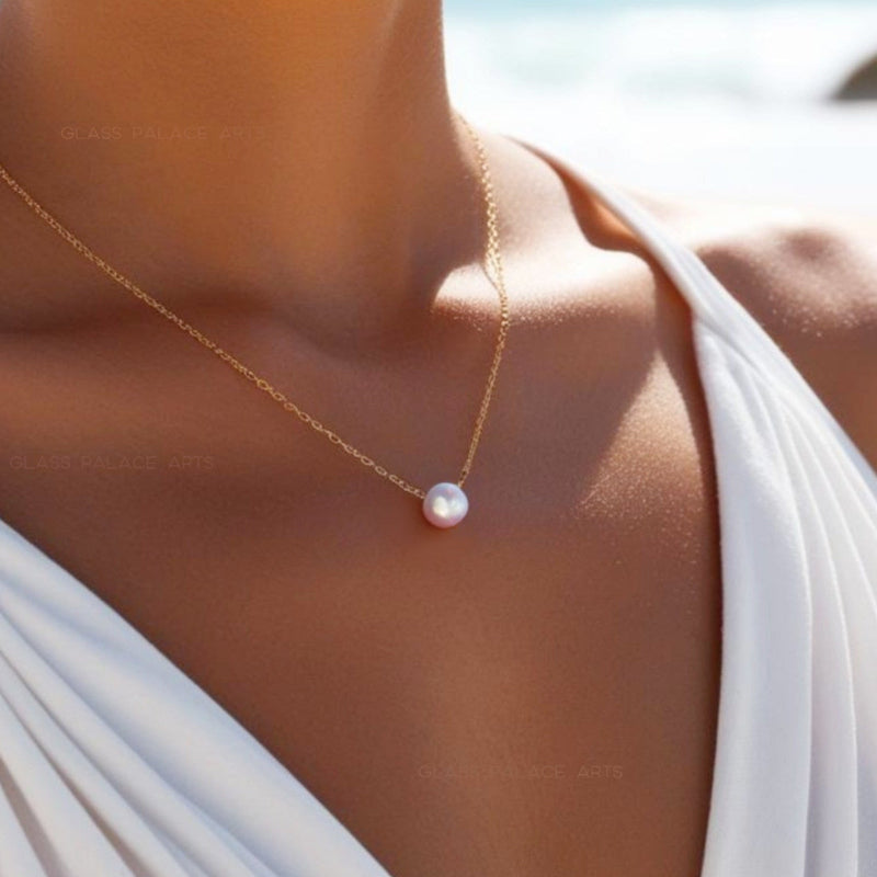 floating round freshwater pearl pendant necklace for women on gold chain