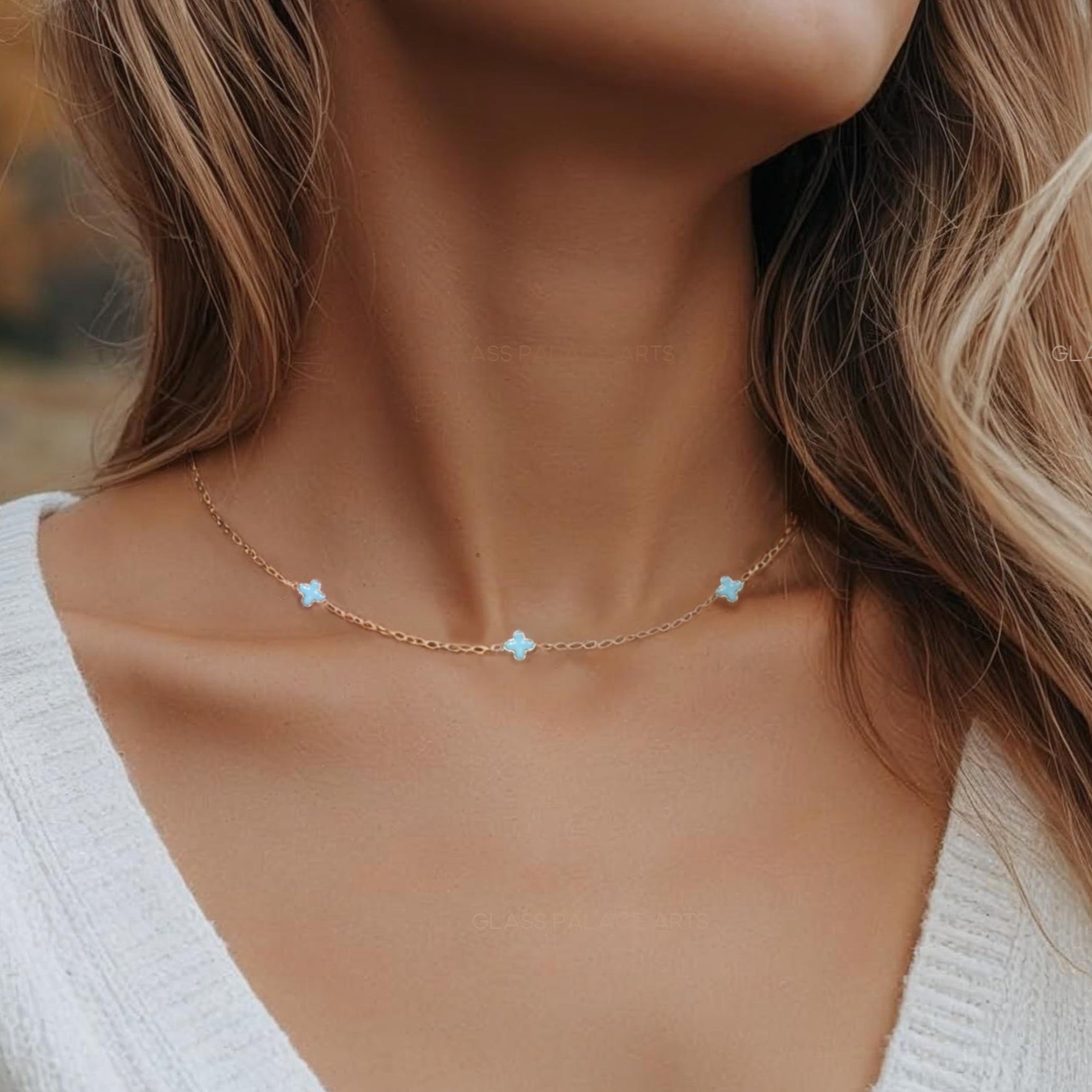 Blue Dainty Clover Choker Necklace - Dotted Minimalist Layering Chain Necklace