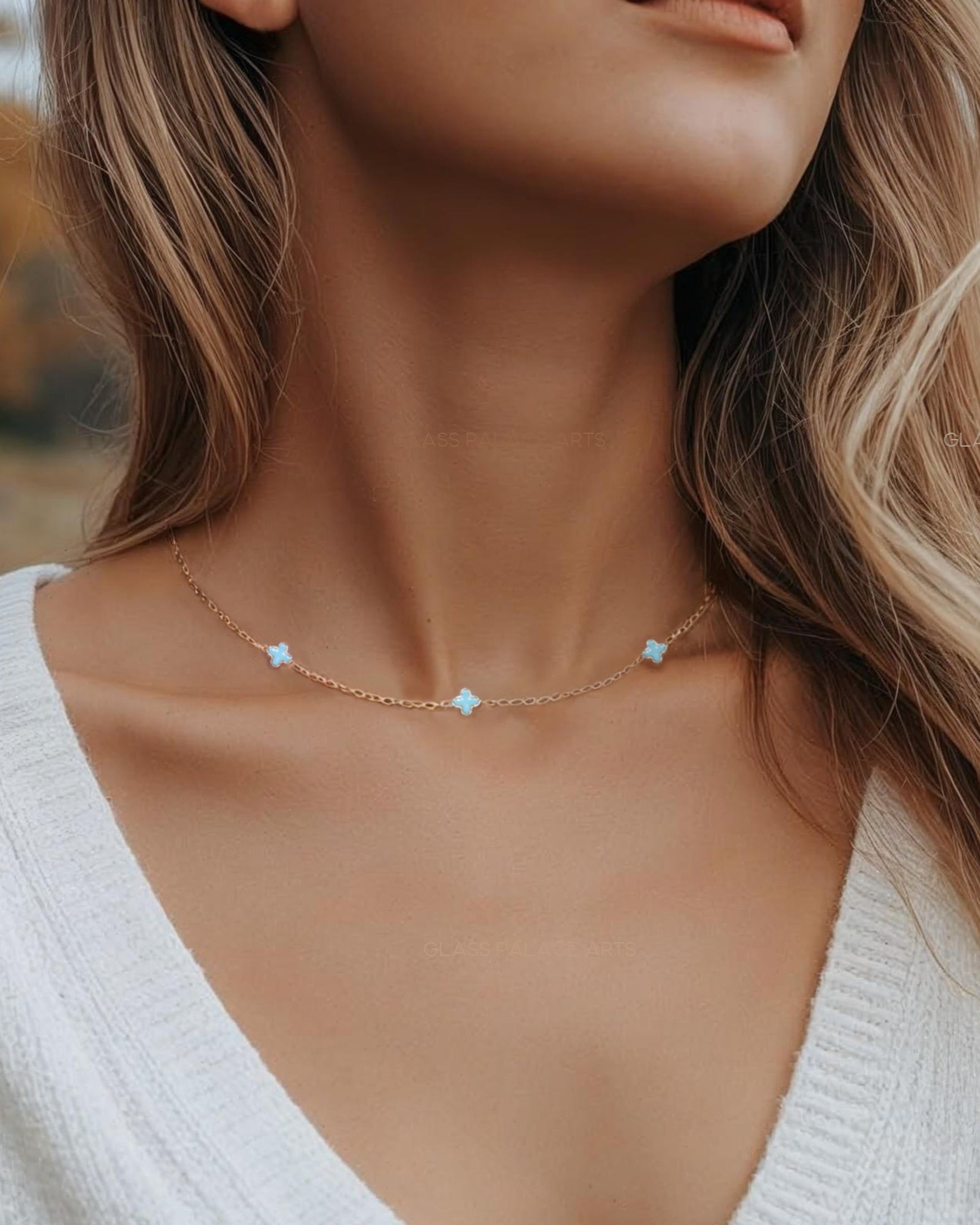 Blue Dainty Clover Choker Necklace - Dotted Minimalist Layering Chain Necklace