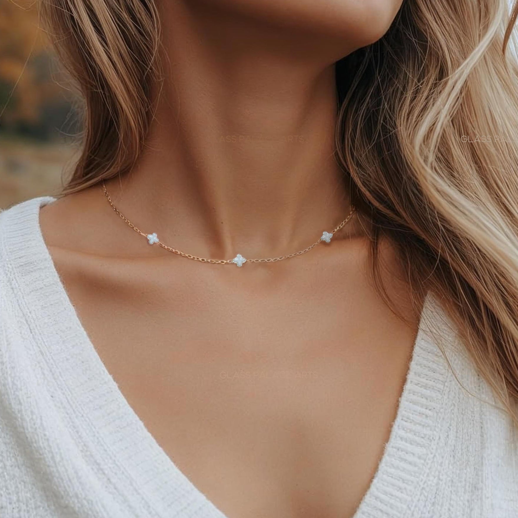 Woman wearing white Dainty Clover Choker Necklace - Dotted Minimalist Layering Chain Necklace