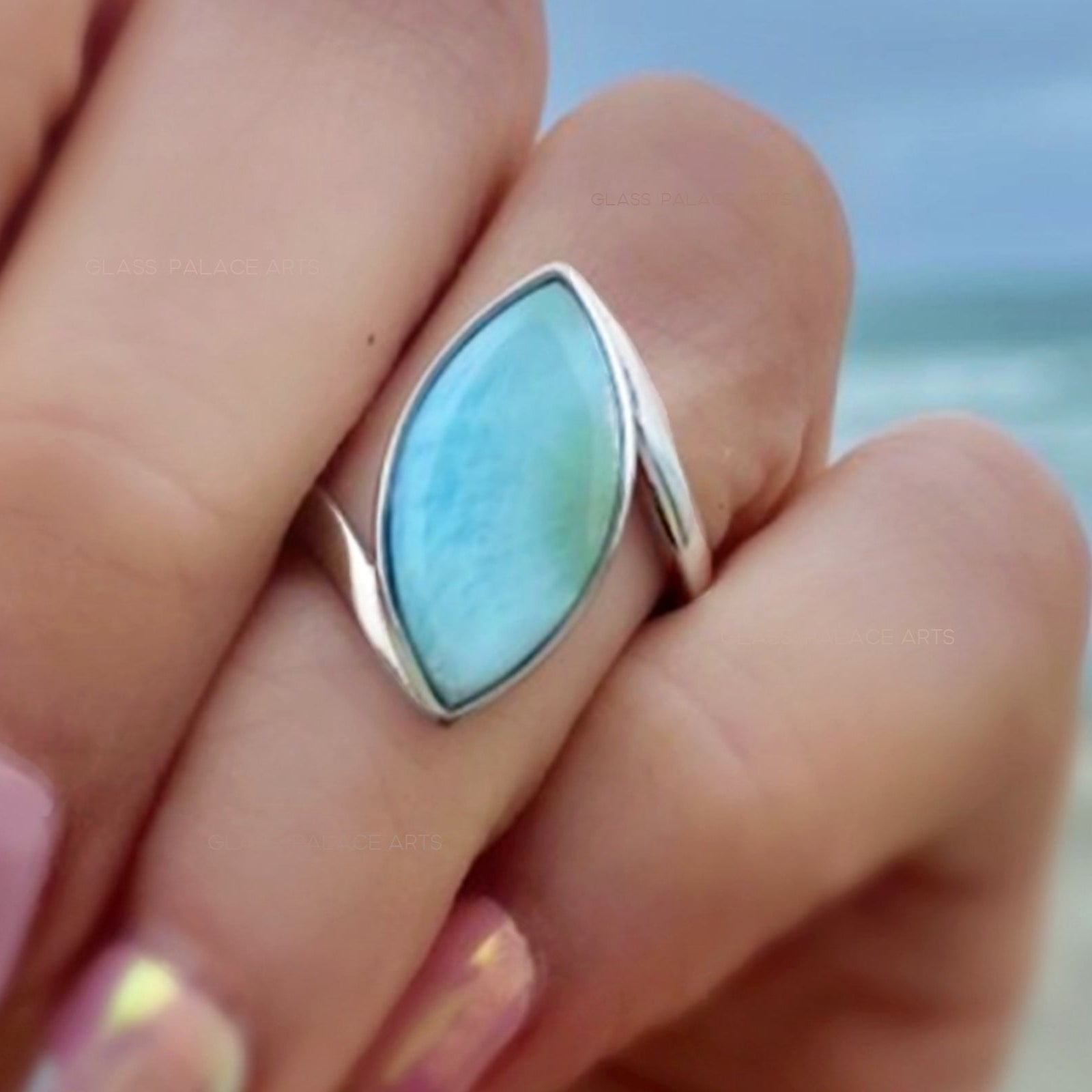 Natural Larimar Ring For Women Marquise Cut - Hammered 925 Sterling Silver Band