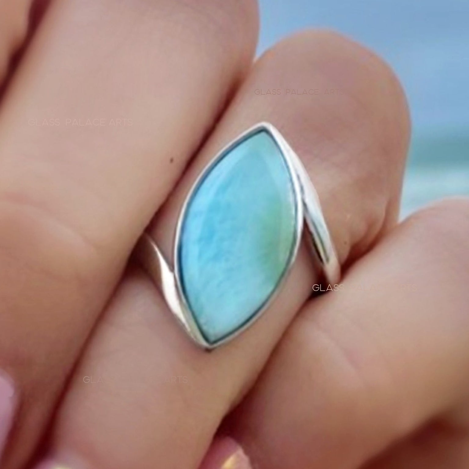 Natural Larimar Ring For Women Marquise Cut - Hammered 925 Sterling Silver Band