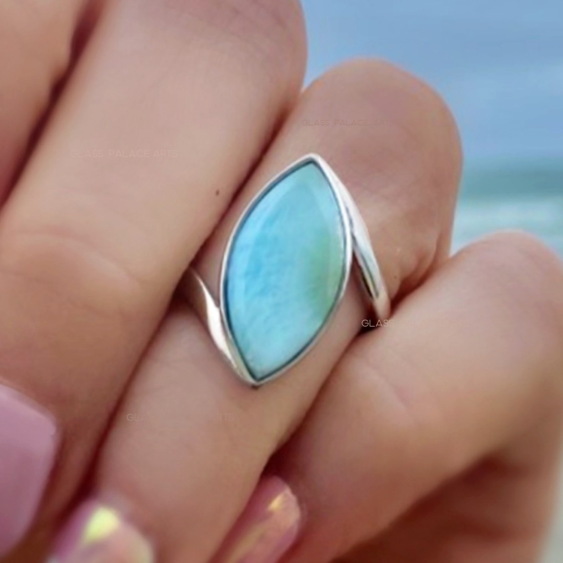 Natural Larimar Ring For Women Marquise Cut - Hammered 925 Sterling Silver Band
