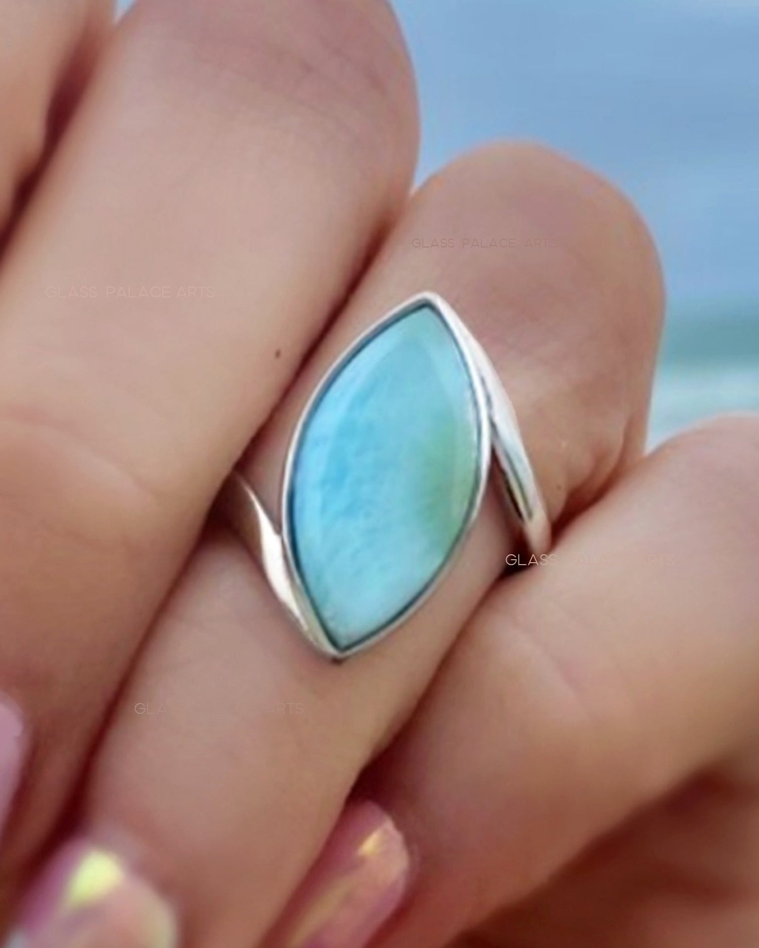 Natural Larimar Ring For Women Marquise Cut - Hammered 925 Sterling Silver Band