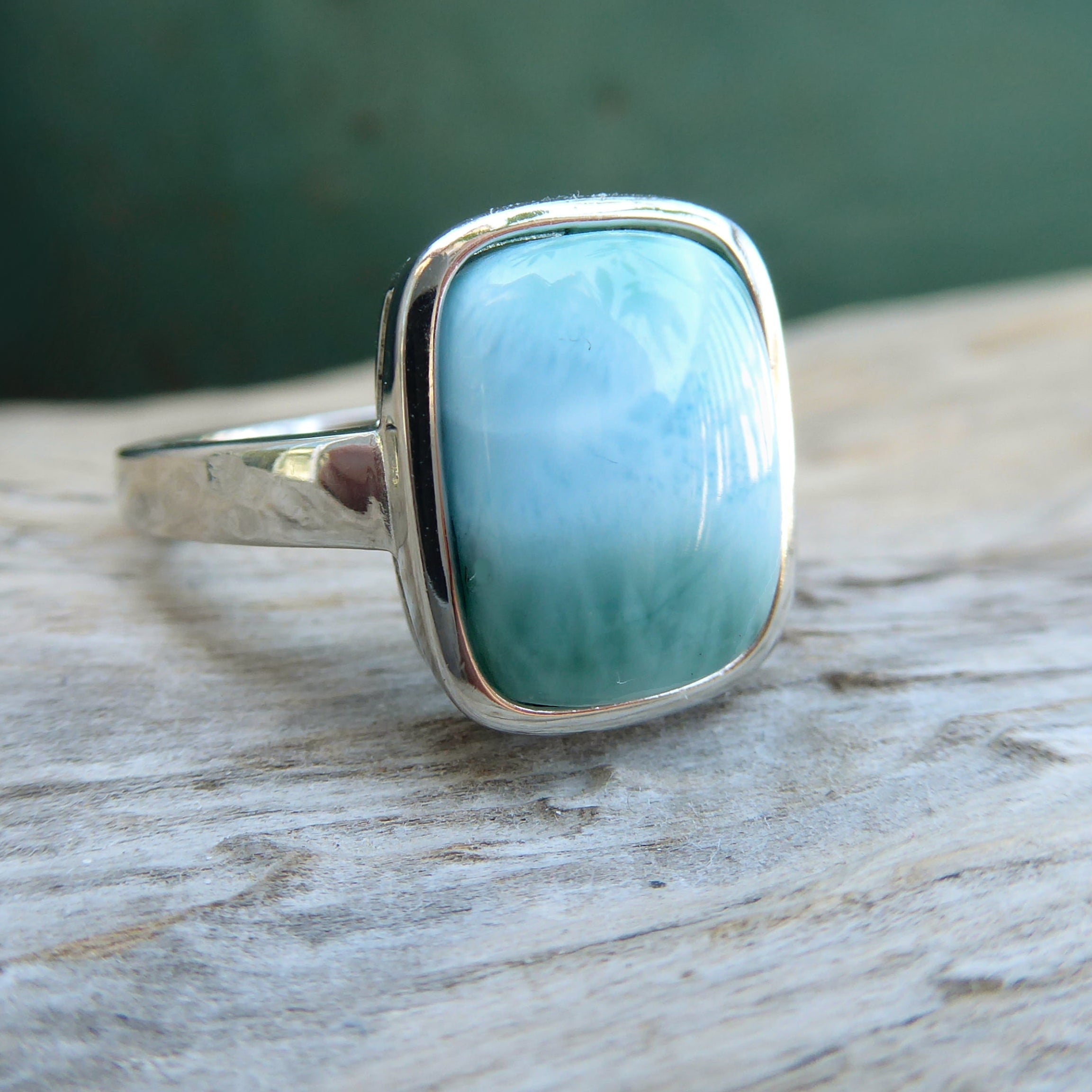 Larimar Ring For Women With Hammered Sterling Silver Band - Caribbean Statement Ring
