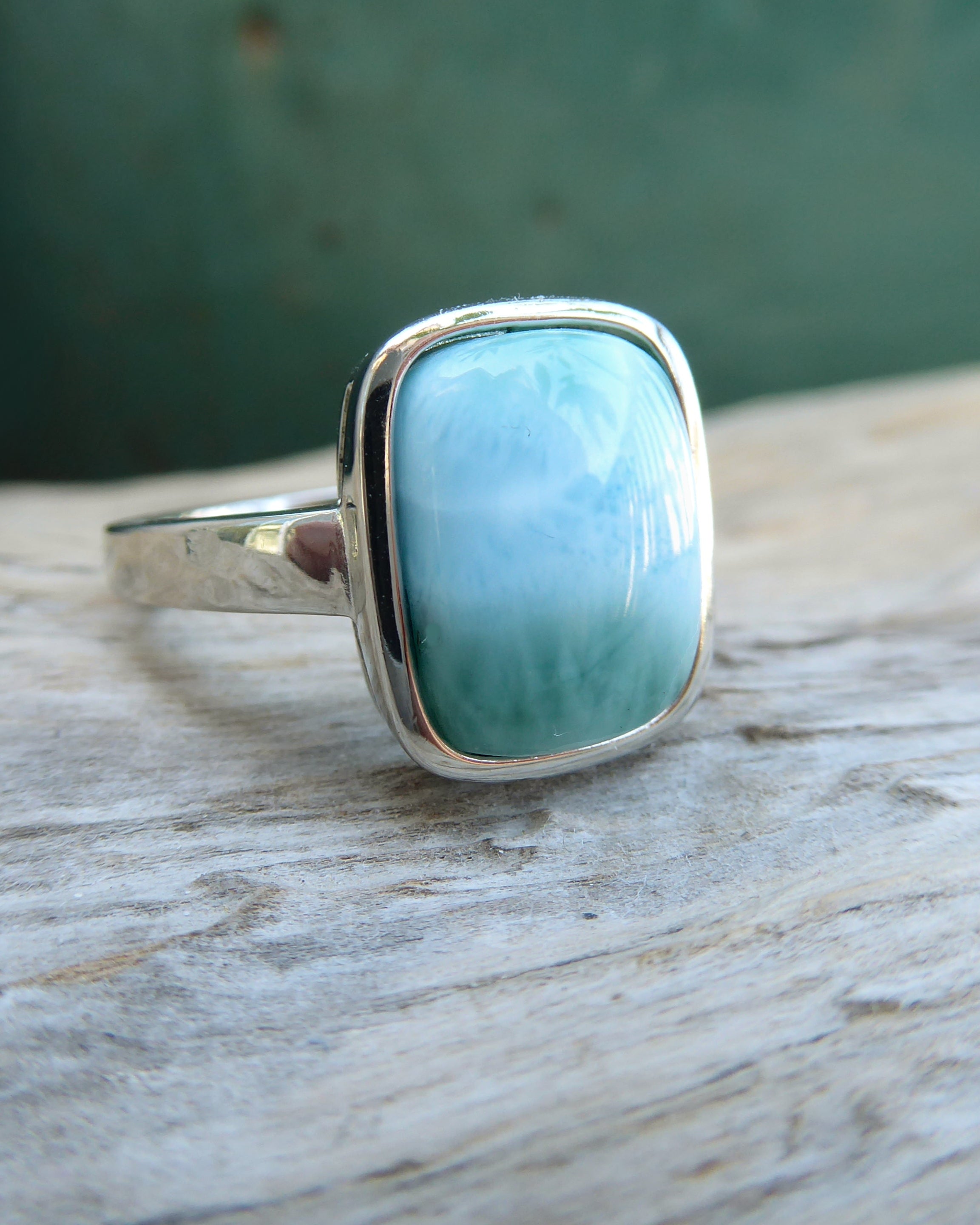 Larimar Ring For Women With Hammered Sterling Silver Band - Caribbean Statement Ring