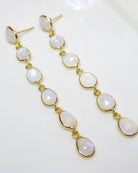 Gold Moonstone Drop Earrings - Long Faceted Gemstone Stud Earrings