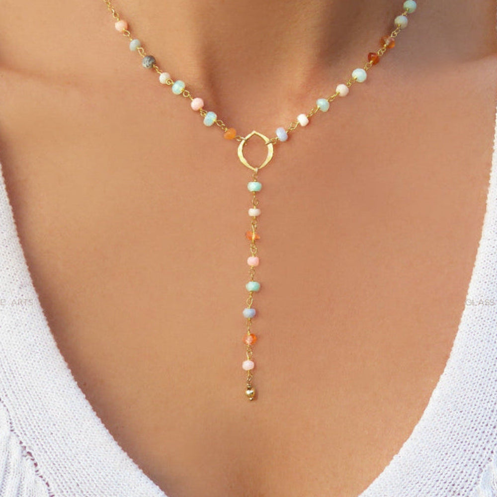 Peruvian Opal Necklace With Pendant, Beaded Multi Color Gemstone Opal Lariat Necklace For Women