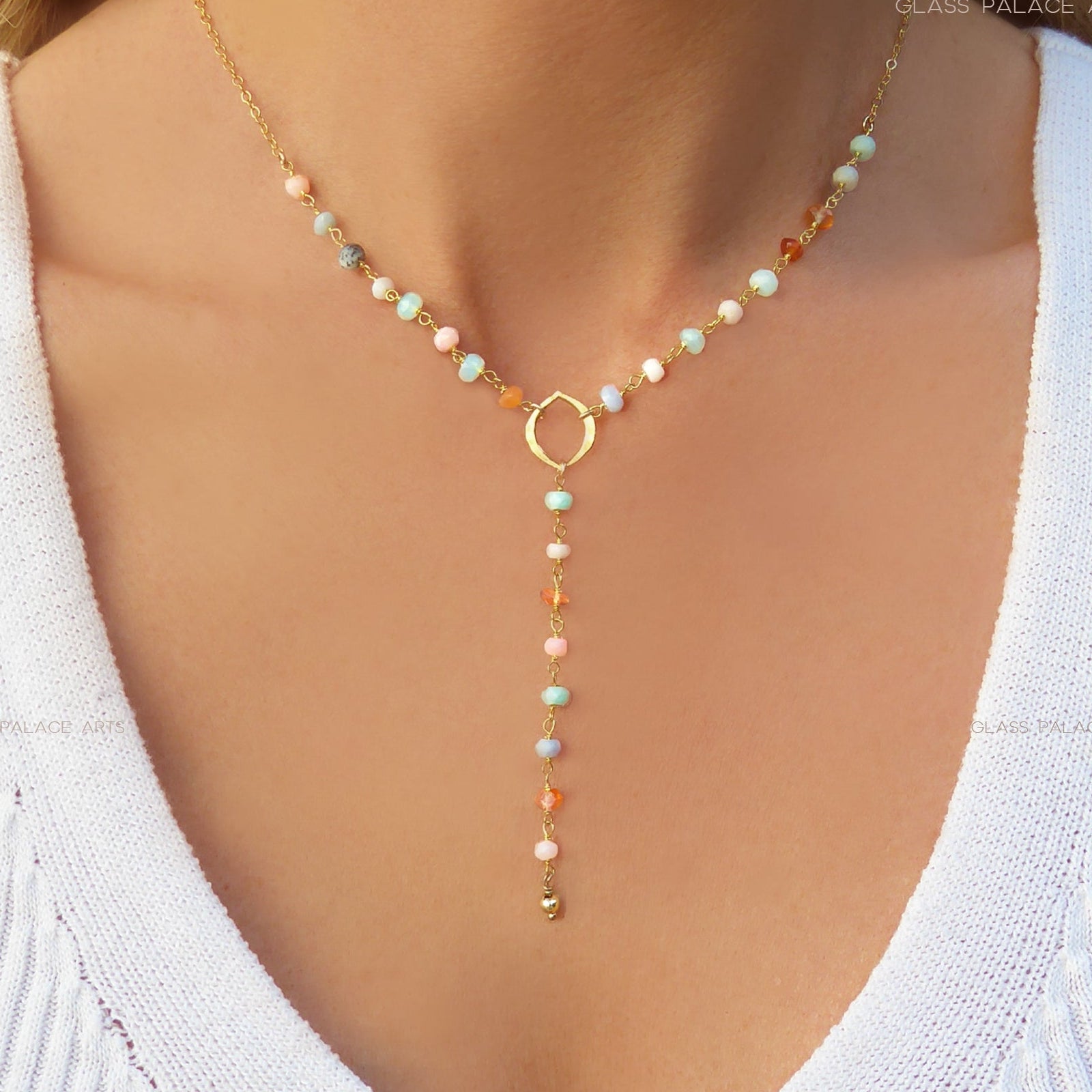 Peruvian Opal Necklace With Pendant, Beaded Multi Color Gemstone Opal Lariat Necklace For Women