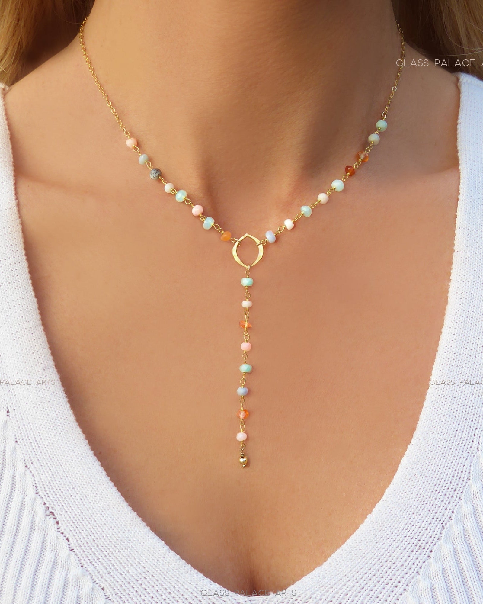Peruvian Opal Necklace With Pendant, Beaded Multi Color Gemstone Opal Lariat Necklace For Women