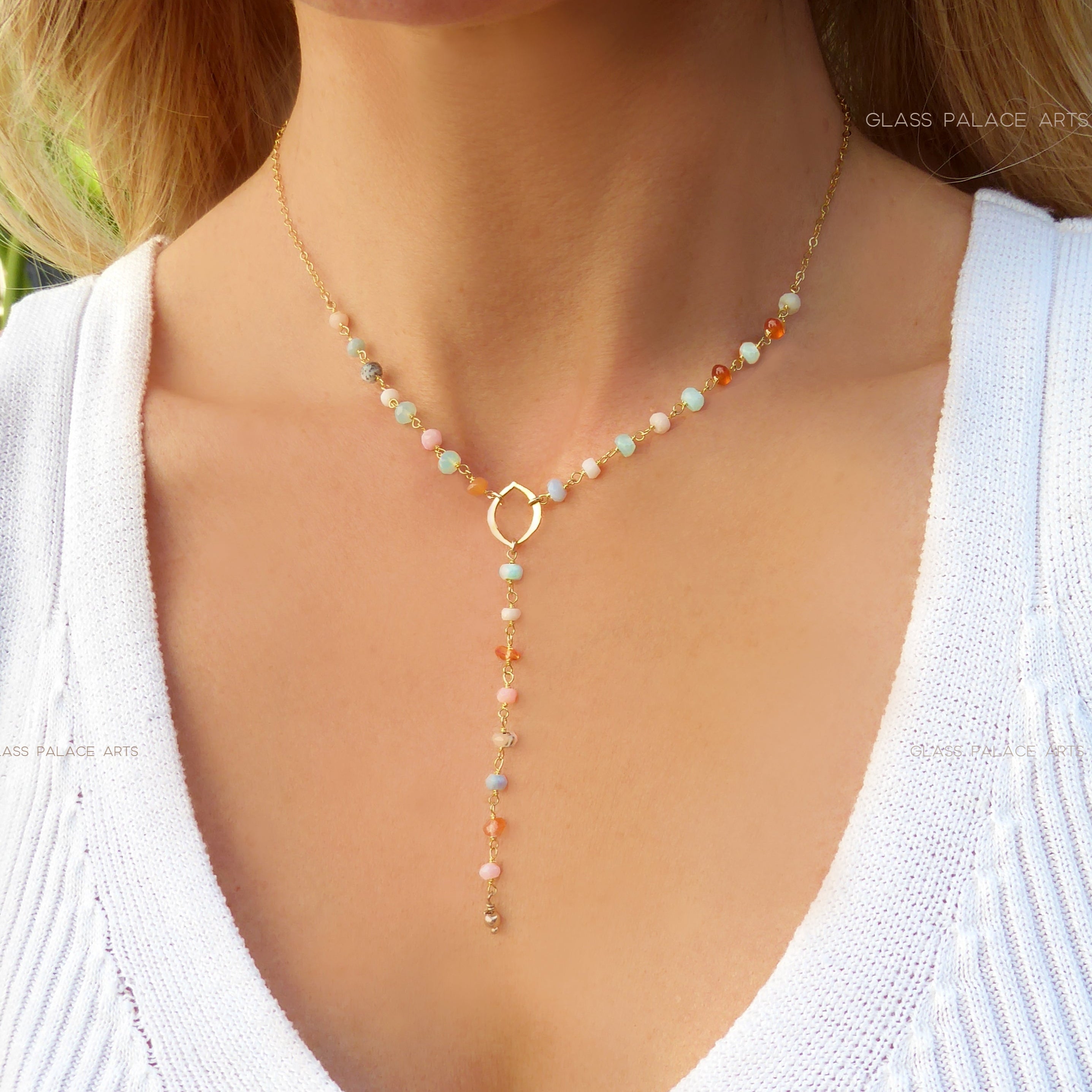 Peruvian Opal Necklace With Pendant, Beaded Multi Color Gemstone Opal Lariat Necklace For Women