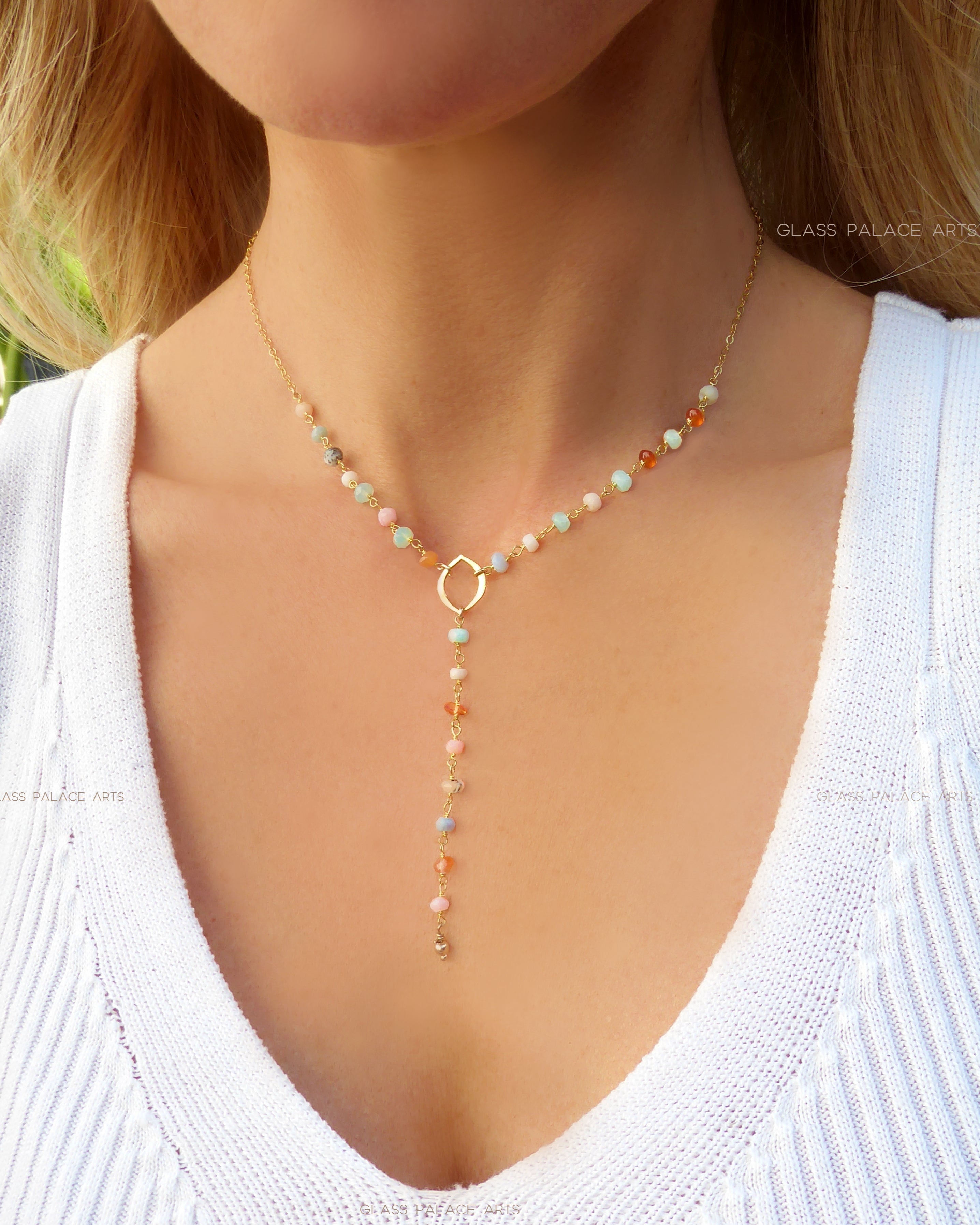 Peruvian Opal Necklace With Pendant, Beaded Multi Color Gemstone Opal Lariat Necklace For Women