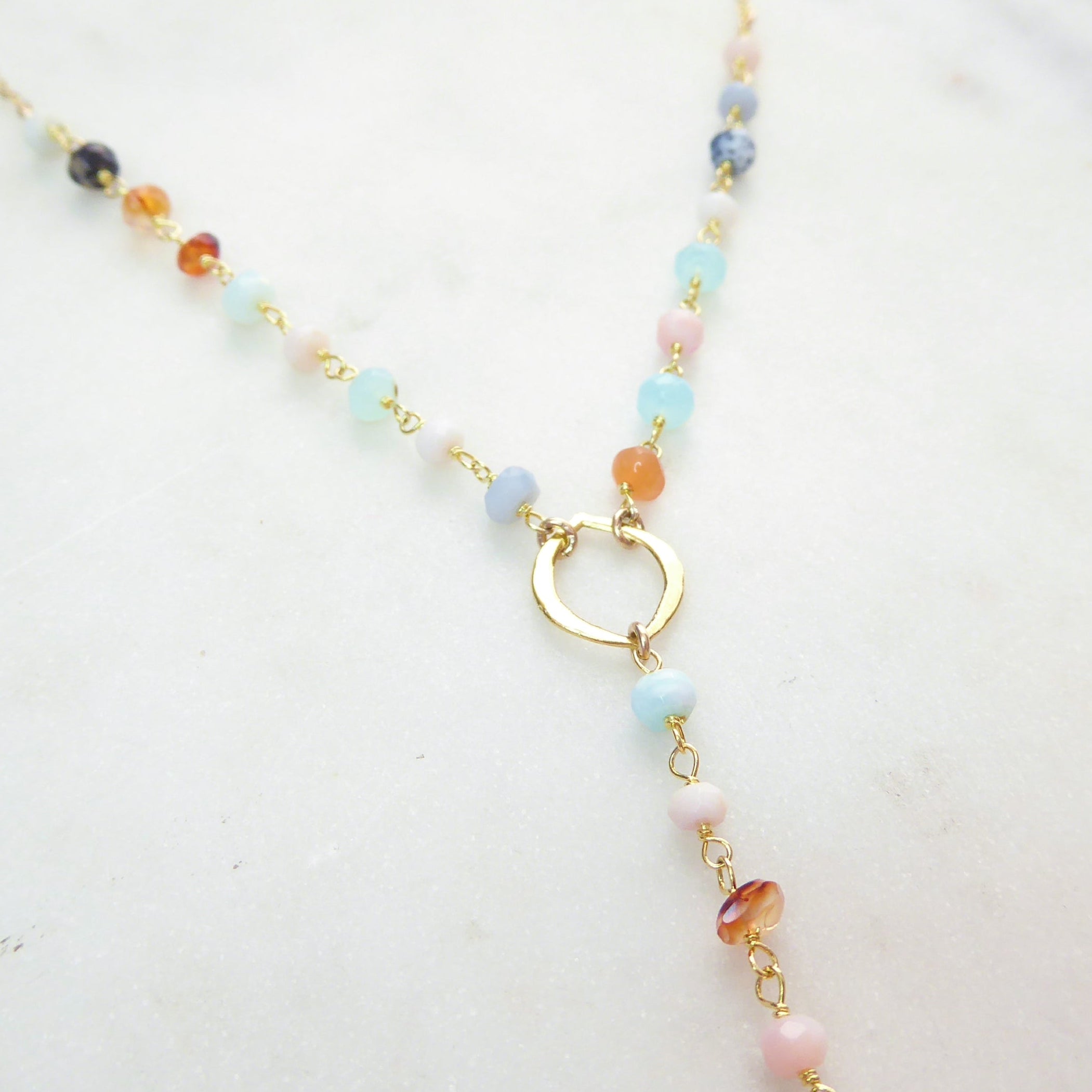 Peruvian Opal Necklace With Pendant, Beaded Multi Color Gemstone Opal Lariat Necklace For Women