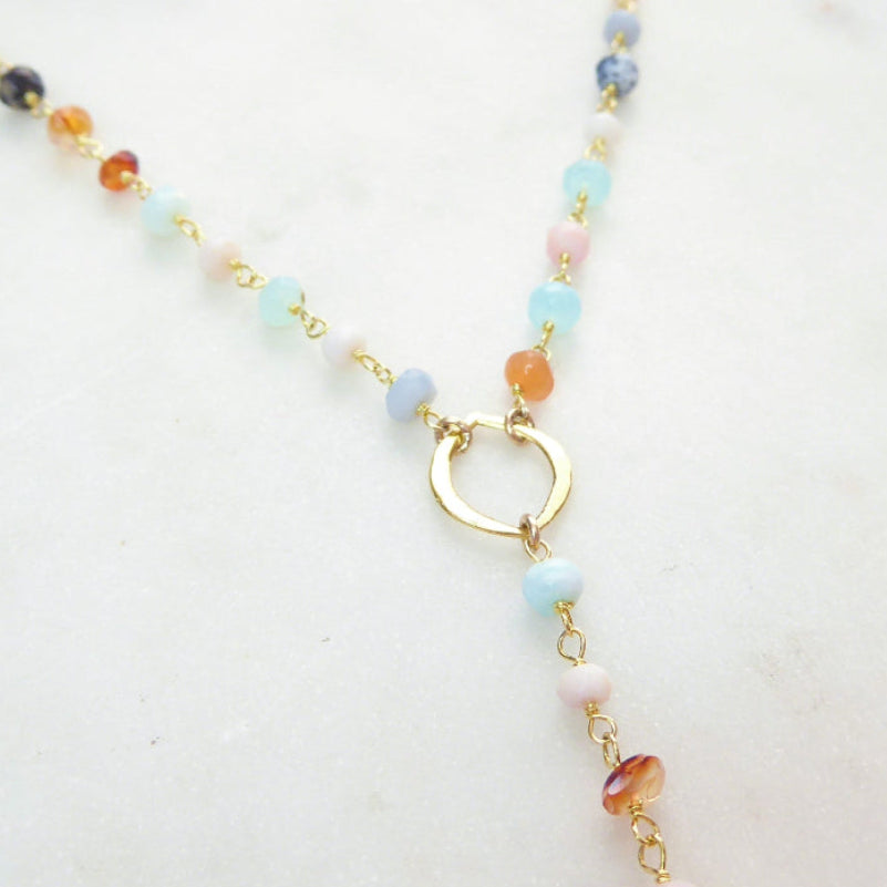 Peruvian Opal Necklace With Pendant, Beaded Multi Color Gemstone Opal Lariat Necklace For Women