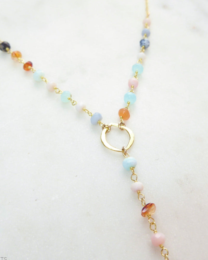 Peruvian Opal Necklace With Pendant, Beaded Multi Color Gemstone Opal Lariat Necklace For Women