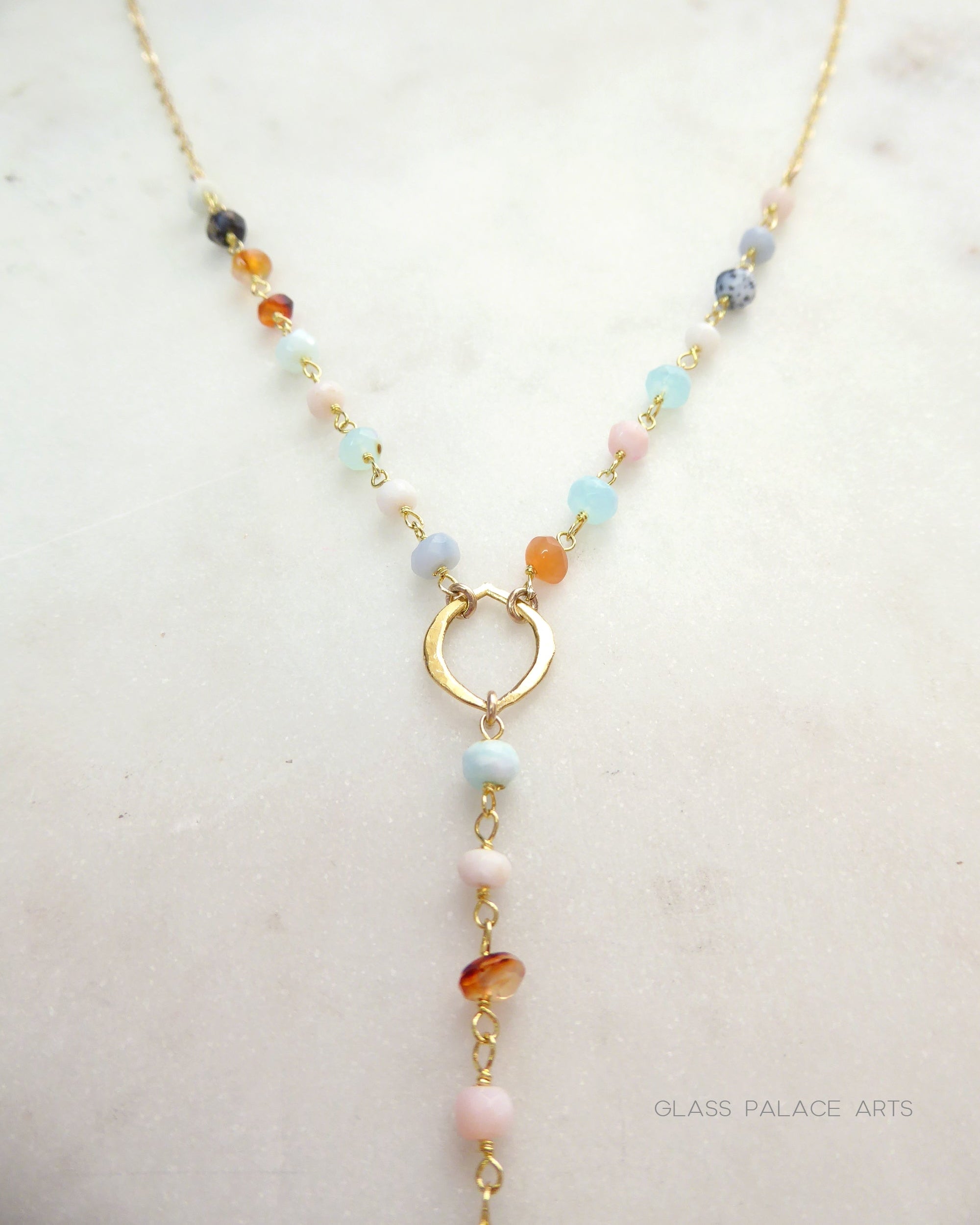Peruvian Opal Necklace With Pendant, Beaded Multi Color Gemstone Opal Lariat Necklace For Women