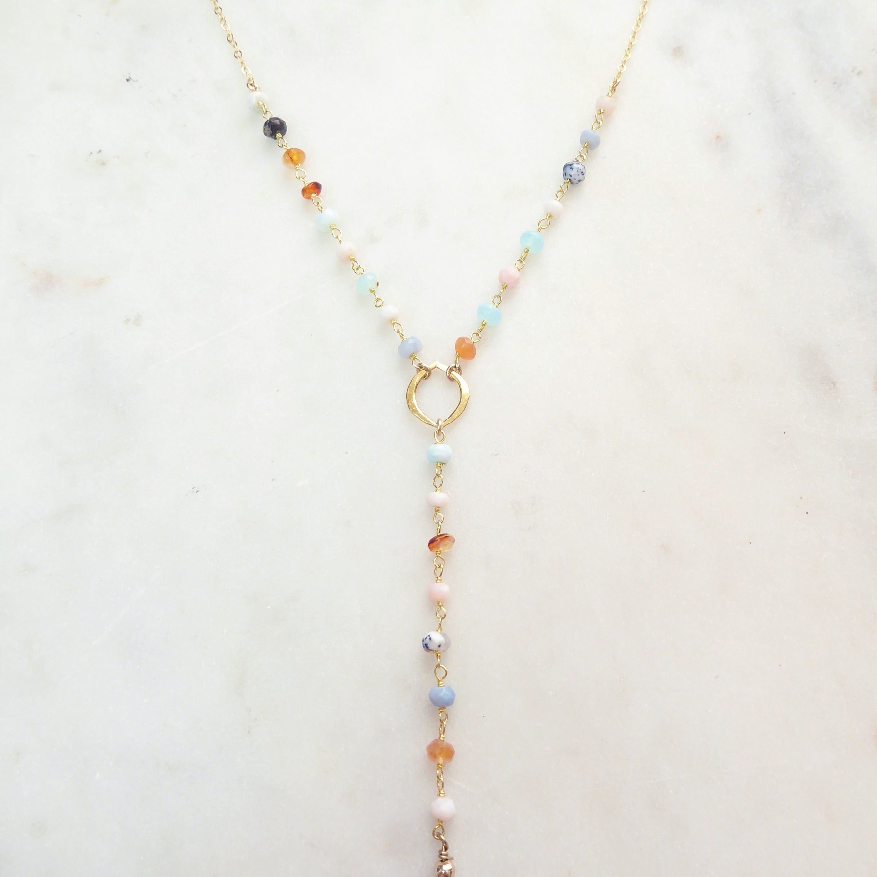 Peruvian Opal Necklace With Pendant, Beaded Multi Color Gemstone Opal Lariat Necklace For Women