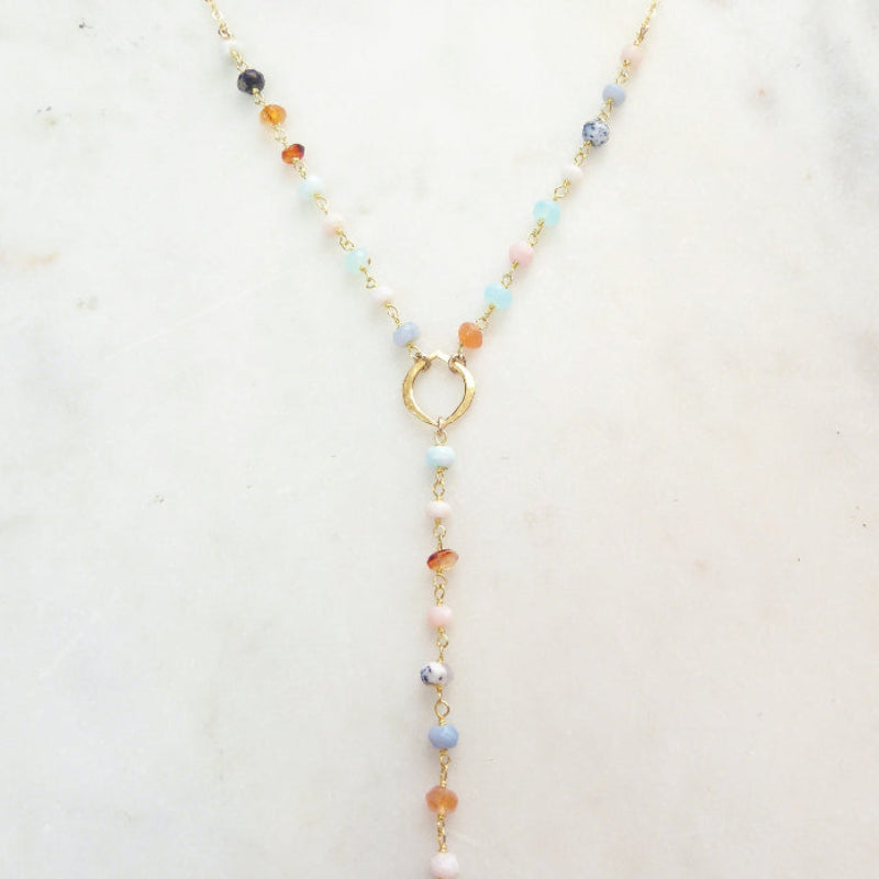 Peruvian Opal Necklace With Pendant, Beaded Multi Color Gemstone Opal Lariat Necklace For Women